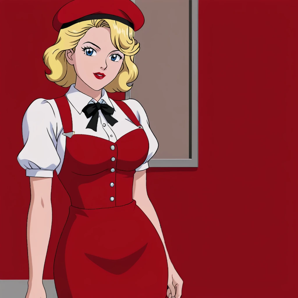 <lora:MirandaCurtis_pony_v1:1> MirandaCurtis, 1girl, solo, blonde hair, large breasts, lipstick, short hair, makeup, blue eyes, mature female, cowboy shot, <lora:0902 Home wear 5_v1_pony:1> ruanyi0902,beret,black ribbon,collared shirt,black pantyhose,high-waist skirt,white shirt,suspenders