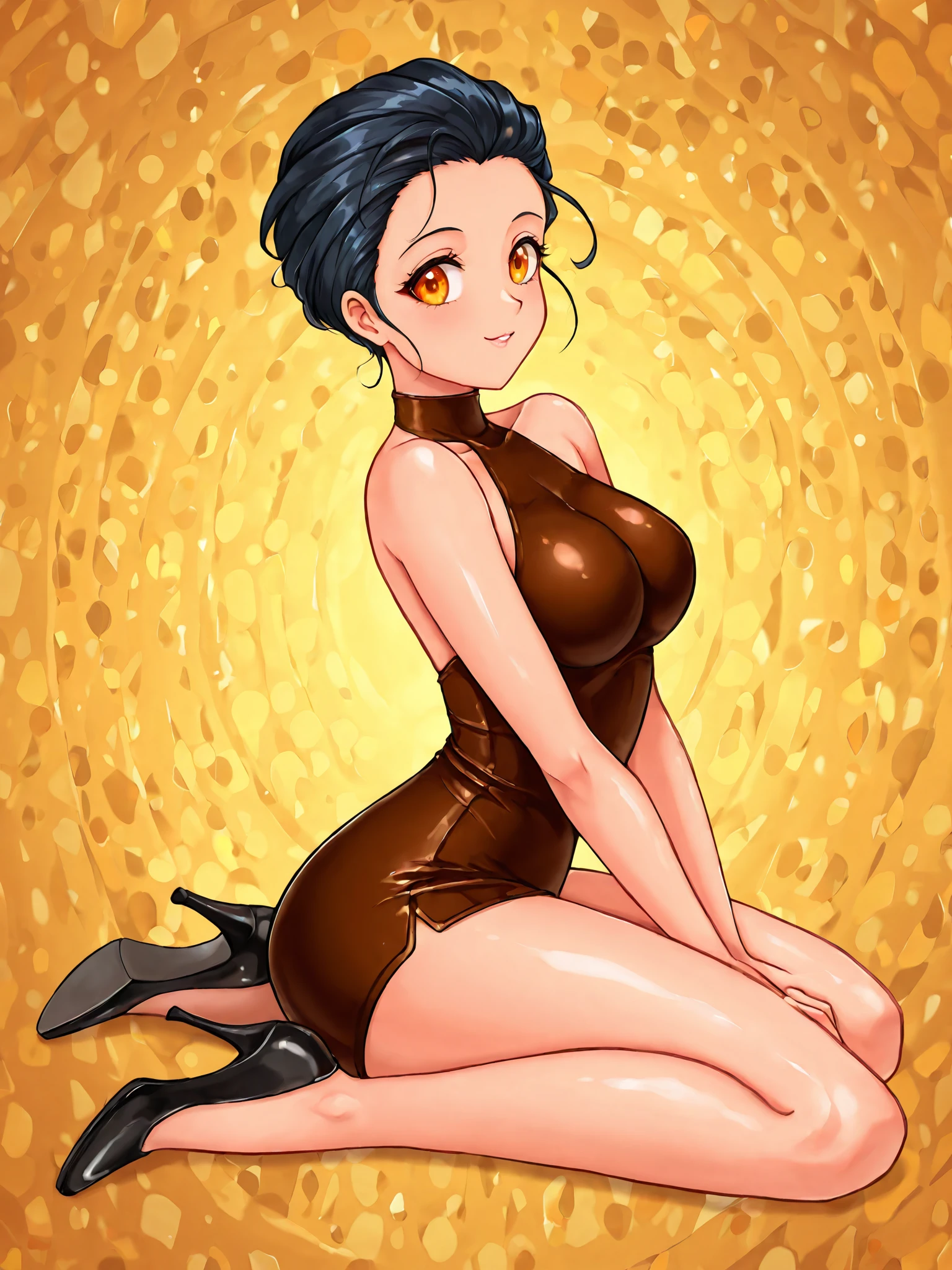 1 female, One piece art style, short girl, realistic lips, black choker, hourglass figure, nerdy clothes, bowl cut, black hair arms, hourglass figure, white eyes, red glasses, in an apartment, sigh, best quality.
