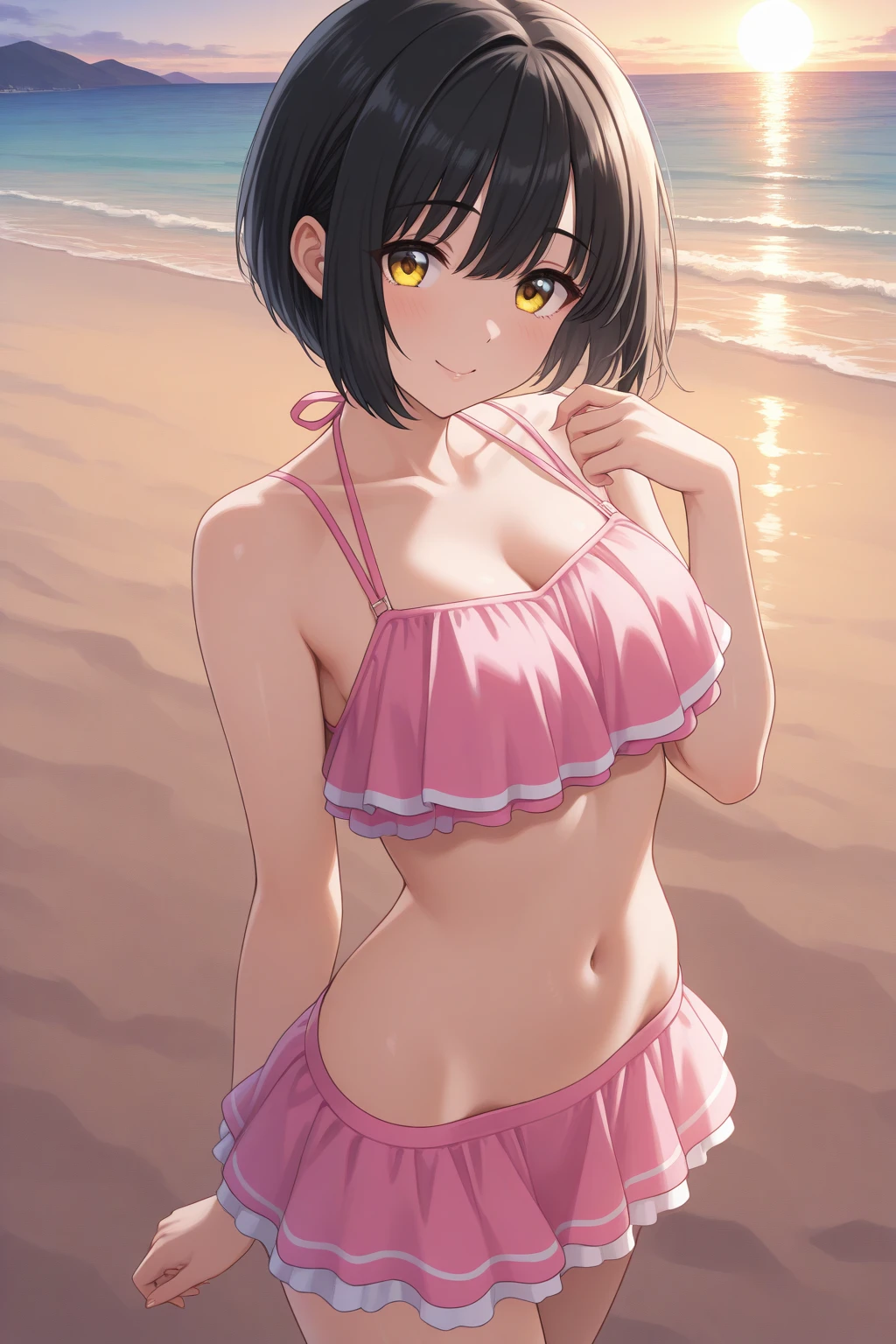 Anime chibi black short hair woman happy at the beach