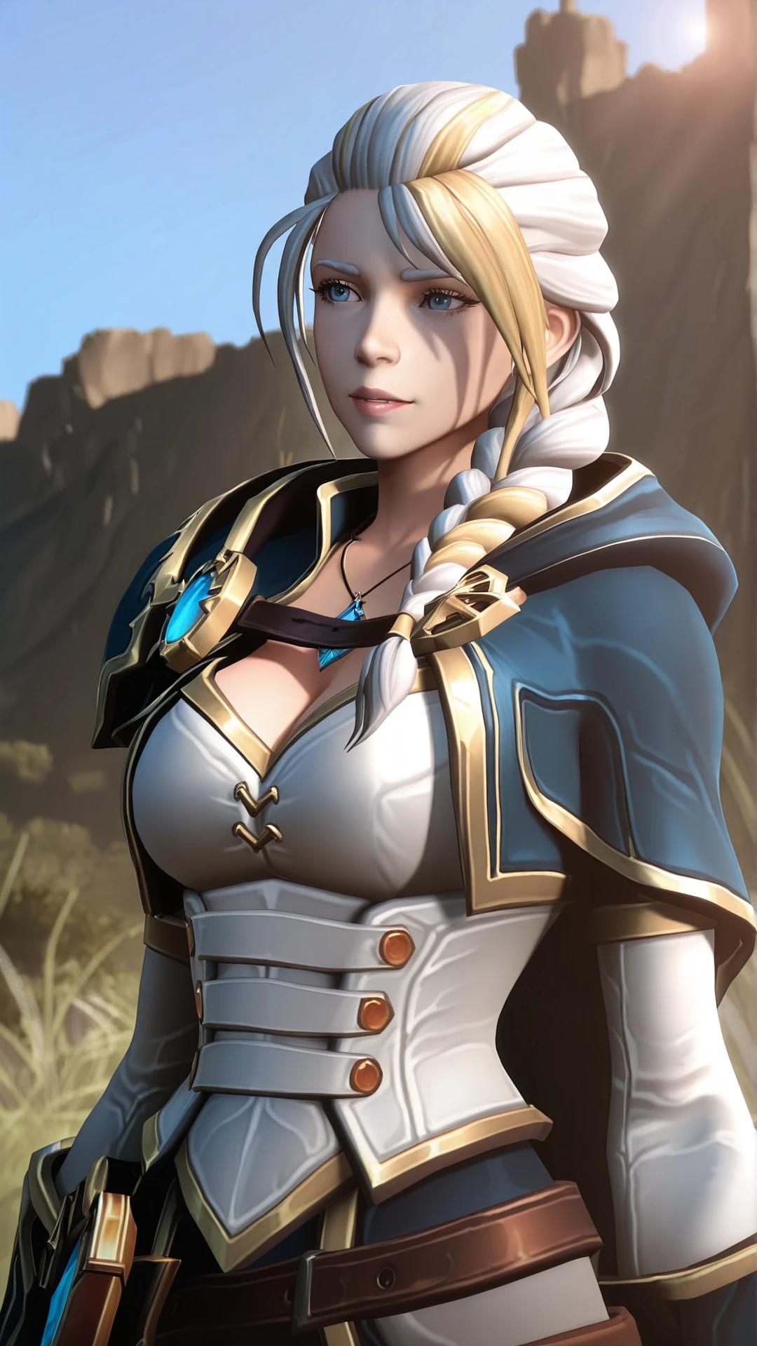 (1girl, WowJaina), (extremely detailed CG unit 8k wallpaper),(master part), (best quality), (ultra detail), (best illustration),(melhor ombre), cowboy shot, (Sharp eyeliner, ombre, detailed eyes:1), woods, outdoors background,break , (ghibli style), upper body, long hair, breasts, blonde hair, large breasts, dress, cleavage, braid, white hair, belt, cape, lips, fur trim, single braid, hair over shoulder, blue cape,