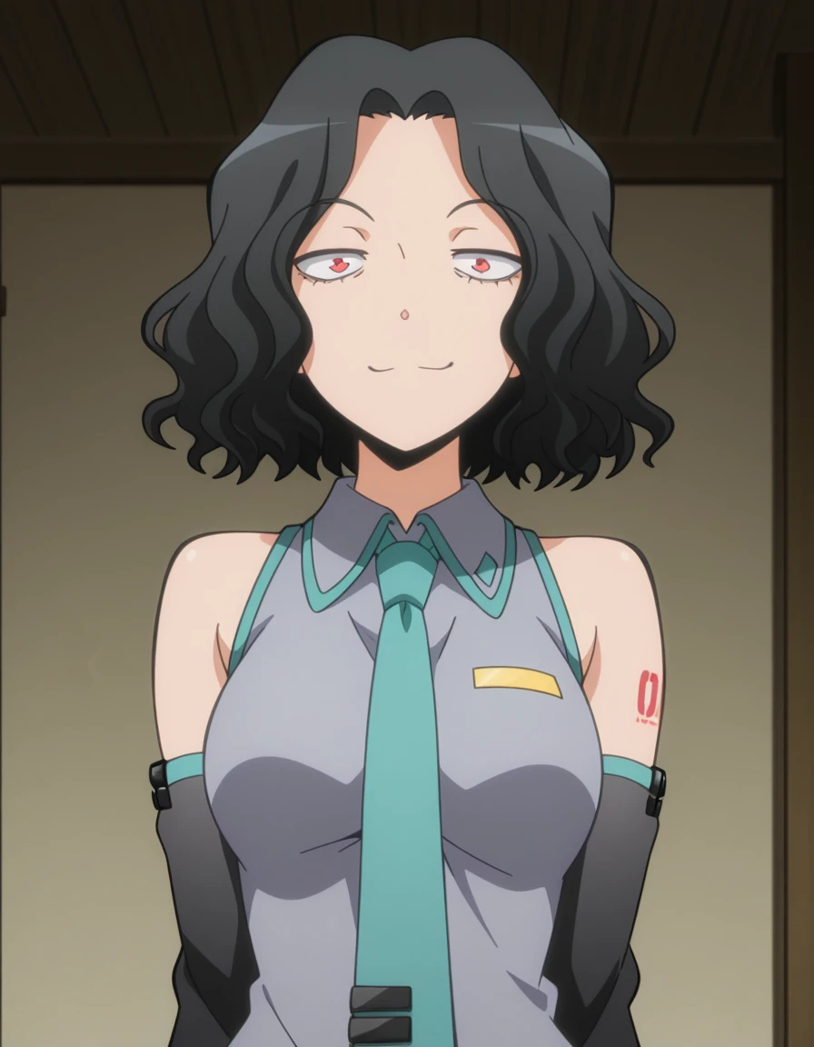masterpiece, best quality, amazing quality,, <lora:kirara-hazama-s1s2-illustriousxl-lora-nochekaiser:1>, kirara hazama, short hair, wavy hair, black hair, red eyes, mature female, medium breasts, anime screencap, <lora:hatsune-miku-cosplay-illustriousxl-lora-nochekaiser:1>, hatsune miku cosplay, hatsune miku (cosplay), aqua necktie, black footwear, black skirt, black sleeves, boots, collared shirt, detached sleeves, grey shirt, necktie, pleated skirt, shirt, skirt, sleeveless, sleeveless shirt, thigh boots, tie clip,, smug, ,