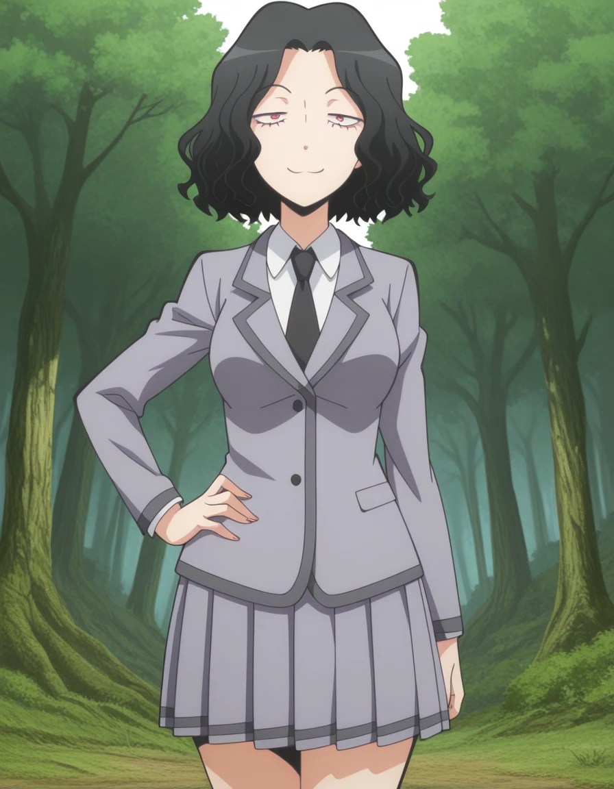 masterpiece, best quality, amazing quality,, <lora:kirara-hazama-s1s2-illustriousxl-lora-nochekaiser:1>, kirara hazama, short hair, wavy hair, black hair, red eyes, mature female, medium breasts, anime screencap, blazer, grey blazer, skirt, pleated skirt, necktie, grey skirt, black necktie, white shirt, collared shirt, long sleeves,, smug, hand on own hip,, nature, trees, animals, landscape, open, cowboy shot, solo, looking at viewer, <lora:transparent-background-illustriousxl-lora-nochekaiser:1>, transparent background, simple background, white background