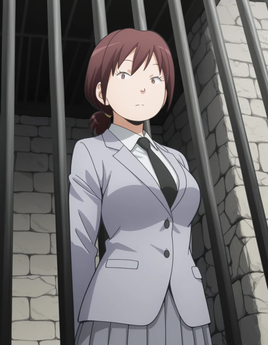masterpiece, best quality, amazing quality,, <lora:sumire-hara-s1s2-illustriousxl-lora-nochekaiser:1>, sumire hara, brown hair, brown eyes, ponytail, short ponytail, mature female, breasts, anime screencap,, blazer, grey blazer, skirt, pleated skirt, necktie, grey skirt, black necktie, white shirt, collared shirt, long sleeves,, from below, prison cell, bars, bed, stone_walls, isolation, cowboy shot, solo, looking at viewer,
