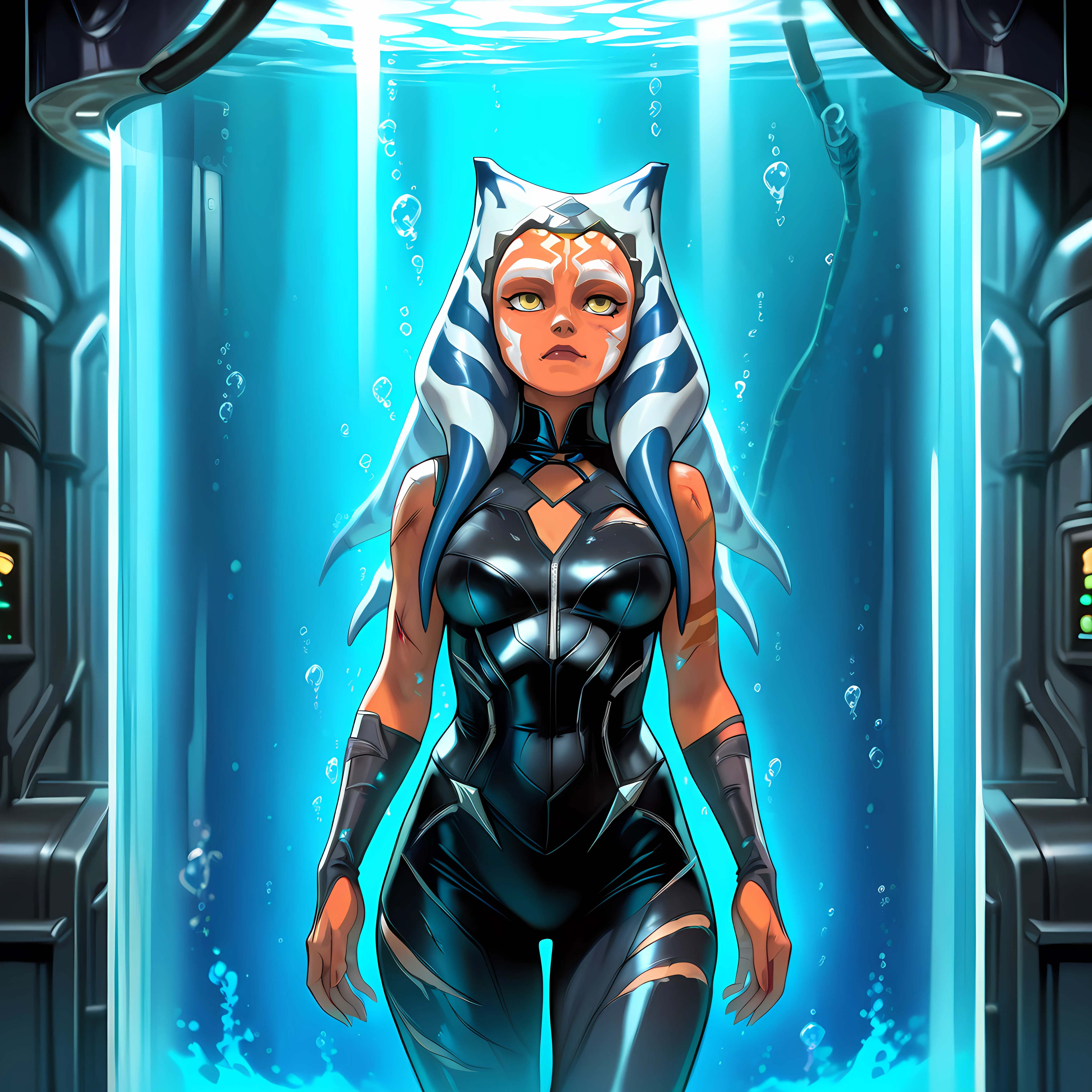 Masterpiece, newest, perfect quality, best quality, t4nk, submerged, stasis tank, air bubble, blue liquid, solo, cowboy shot,ahsoka tano, mature woman, black bodysuit, battle damage, snarl, sith, yellow eyes,