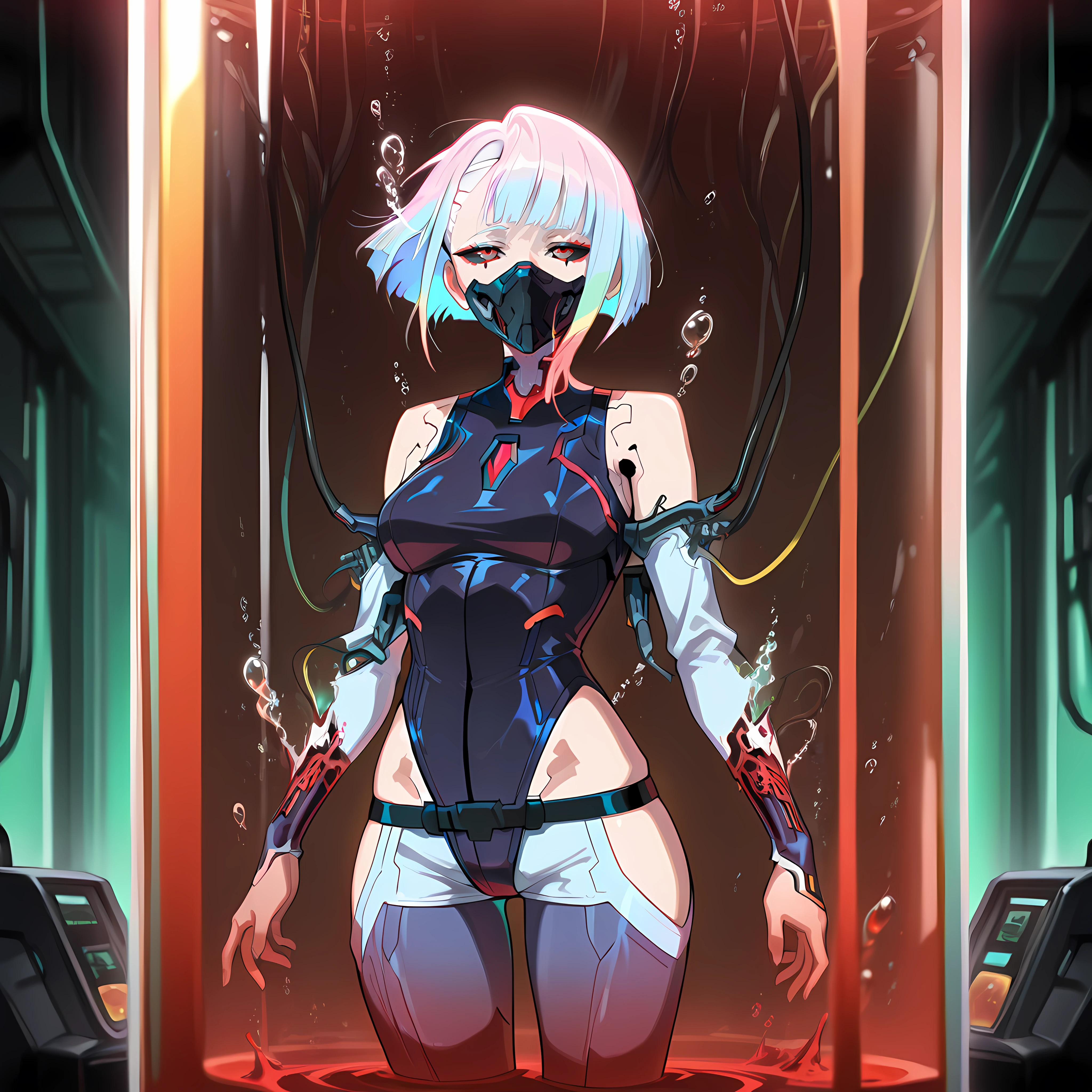 photo portrait, Sits, Sits, pulling your knees up to your chest, Beautiful figure, Lucy from the anime series Cyberpunk Edge Runner, a 1girl, facing the viewer, Beautiful figure (Proper Anatopy 1.1.), in full height (Body Full 1.1), Slim, Slender figure, Slender figure, shapely legs, Anime style, white colored hair, white colored hair, that disappear at the ends, Bob hairstyle, short white jacket, tight black suit, Cutouts on the shoulders, Cutouts on the chest, Neckline at the waist, Skinny black leather pants, Very detailed face, Very beautiful face, Very sexy ass, in full height (Body Full 1.1), Tall android girl, small elastic breasts, Little ass, Glitter Head Mask, Hair is gathered in a braid, Beautiful slim figure, small buttocks, A braid around the head, Round braid, Red Star in the Forehead, Short Brown Jacket, black tight suit, darkly，gris & Dark Style：1.1), Light, femininity，tmasterpiece，beste-Qualit，higly detailed，Visible to the feet， 8K resolution， High Sharp， 8K resolution， higly detailed， 8K UHD， Professional lighting， Photon mapping，physical based rendering， a perfect face， detailed face and body， ray traced， expressive look， Cinmatic Lighting，elastic small breasts, Heightened sexuality，