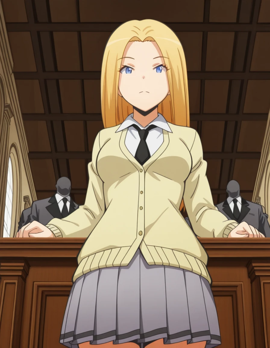 masterpiece, best quality, amazing quality,, <lora:rio-nakamura-s1s2-illustriousxl-lora-nochekaiser:1>, rio nakamura, long hair, blue eyes, blonde hair, mature female, medium breasts, anime screencap,, cardigan, yellow cardigan, skirt, pleated skirt, necktie, grey skirt, black necktie, white shirt, collared shirt, long sleeves,, from below, courtroom, judge, witness_stand, audience, formality, cowboy shot, solo, looking at viewer,