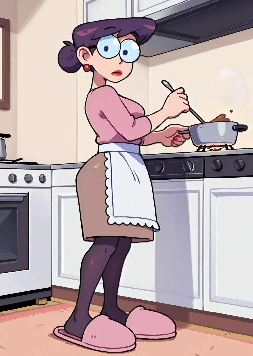 ((body sweat, mature lady, brown hair, blue eyes, big breasts, big breasts, short hair)) pixar mom, attractive woman, mature woman, ultra high detail, erotic, looking into the camera, big breasts, thick lips, big hip, big cleavage, red heels, red skirt, checkered stockings, apron, marked abdomen, sweaty face, camera focused on the face