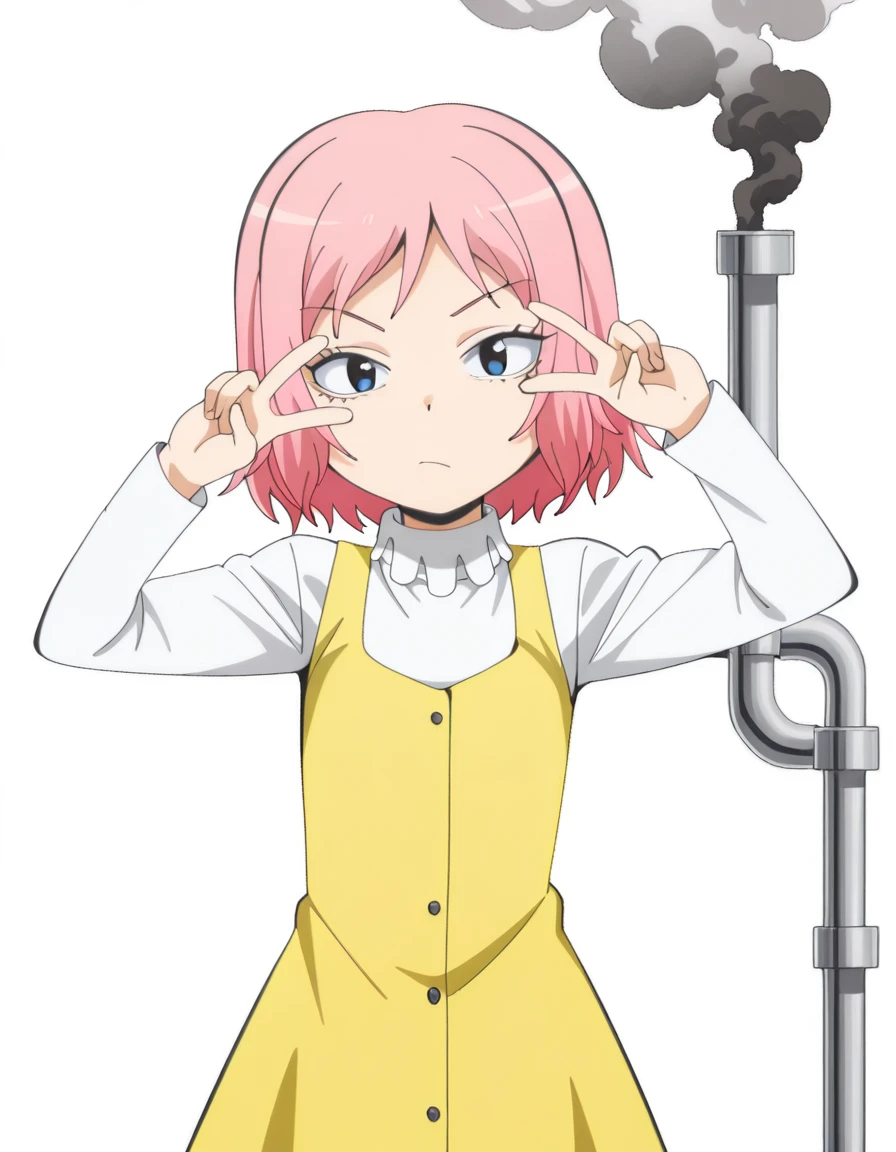 masterpiece, best quality, amazing quality,, <lora:sakura-kiyashiki-s1s2-illustriousxl-lora-nochekaiser:1>, sakura kiyashiki, short hair, pink hair, blue eyes, anime screencap,, dress, yellow dress, long sleeves,, v, v over eyes,, refinery, pipes, smoke, metal, oil, cowboy shot, solo, looking at viewer, <lora:transparent-background-illustriousxl-lora-nochekaiser:1>, transparent background, simple background, white background