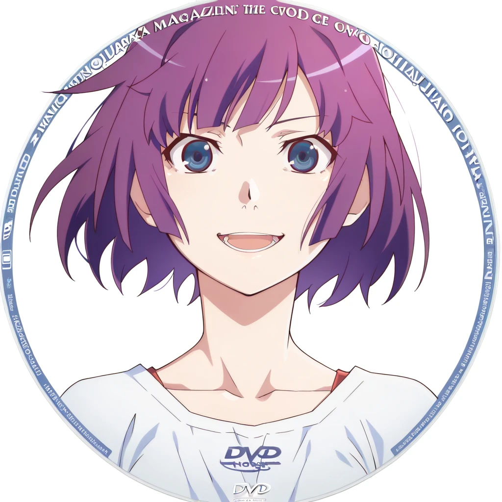 masterpiece, best quality, amazing quality,, <lora:hitagi-senjougahara-anime-illustriousxl-lora-nochekaiser:1>, hitagi senjougahara, bangs, short hair, blue eyes, purple hair, breasts, anime screencap, <lora:disc-stickers-illustriousxl-lora-nochekaiser:1>, disc stickers, dvd logo, english text, hole, circle, transparent background, white background, logo, magazine cover, hole in the middle, smile, open mouth, teeth, copyright name, , ,