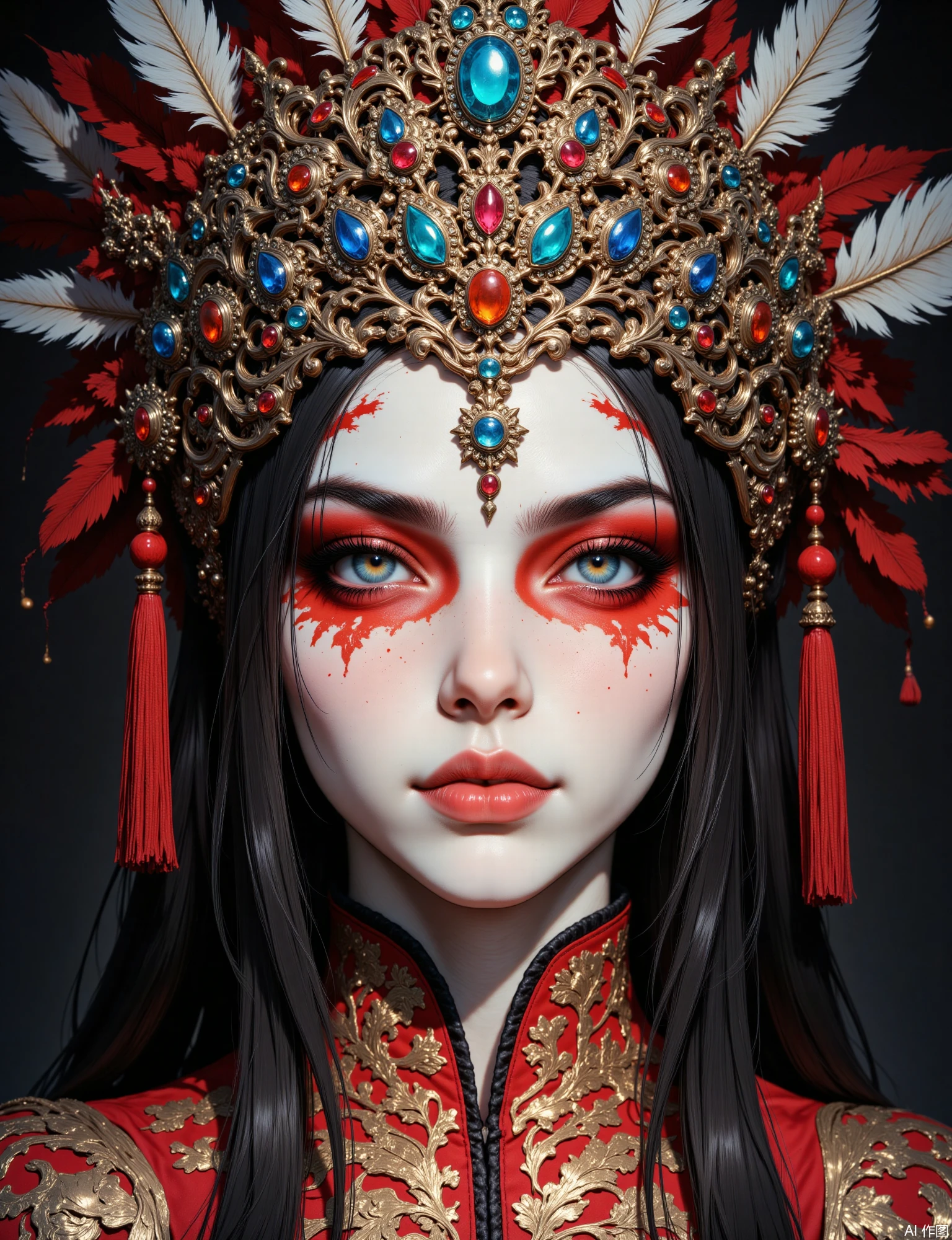 OBxiaoxiang,
A facial close-up of a young woman in the role of a Peking Opera Dan (female role) performer, moments before a show. Her face is painted with the iconic, stylized white and red makeup, and she wears an incredibly elaborate, jewel-encrusted headdress with pheasant feathers and shimmering tassels. The rendering imparts a sharp, theatrical quality, highlighting the precision of the makeup and the dazzling costume elements. Bright, focused stage lighting from the front. The overall color palette is vibrant and high-contrast, dominated by the reds, golds, and blues of her costume. Emphasized, dramatic catchlights, the perfectly smooth application of the opera makeup, and the breathtaking detail of her intricate headdress are crucial.