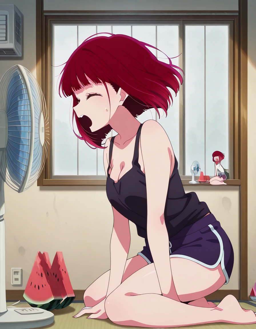 masterpiece, best quality, amazing quality,, <lora:kana-arima-s1s2-illustriousxl-lora-nochekaiser:1>, kana arima, arima kana, short hair, bangs, red hair, bob cut, mature female, small breasts, anime screencap, <lora:cooling-down-in-front-of-electric-fan-illustriousxl-lora-nochekaiser:1>, cooling down in front of electric fan, open mouth, cleavage, sitting, closed eyes, food, shorts, barefoot, indoors, short shorts, window, kneeling, fruit, tank top, wind, watermelon, dolphin shorts, electric fan, air conditioner,, , ,