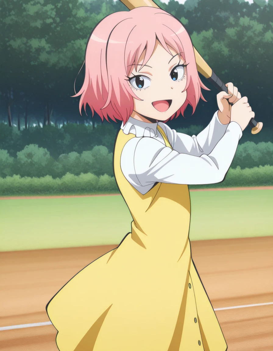 masterpiece, best quality, amazing quality,, <lora:sakura-kiyashiki-s1s2-illustriousxl-lora-nochekaiser:1>, sakura kiyashiki, short hair, pink hair, blue eyes, anime screencap,, dress, yellow dress, long sleeves,, <lora:batting-stance-illustriousxl-lora-nochekaiser:1>, batting stance, looking at viewer, smile, open mouth, baseball bat, holding baseball bat, Outdoors, nature, scenery, open_space, sunlight, cowboy shot, solo, looking at viewer, <lora:transparent-background-illustriousxl-lora-nochekaiser:1>, transparent background, simple background, white background