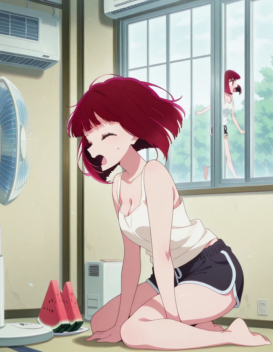masterpiece, best quality, amazing quality,, <lora:kana-arima-s1-illustriousxl-lora-nochekaiser:1>, kana arima, arima kana, short hair, bangs, red hair, bob cut, mature female, small breasts, anime screencap,, <lora:cooling-down-in-front-of-electric-fan-illustriousxl-lora-nochekaiser:1>, cooling down in front of electric fan, open mouth, cleavage, sitting, closed eyes, food, shorts, barefoot, indoors, short shorts, window, kneeling, fruit, tank top, wind, watermelon, dolphin shorts, electric fan, air conditioner,, , ,