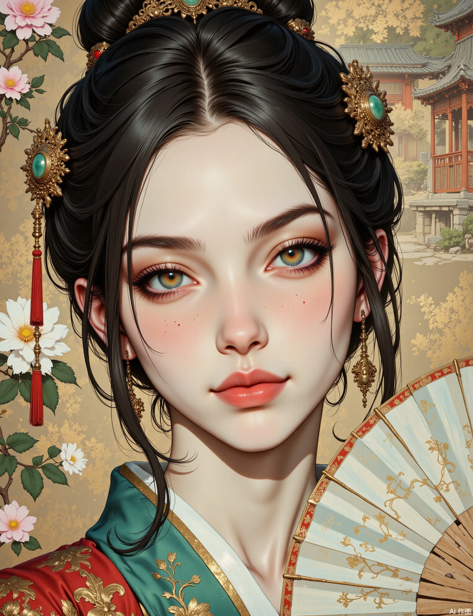 OBxiaoxiang,
A facial close-up of a young woman, evoking the detailed elegance of Gongbi painting. Her expression is graceful, wearing an elaborate traditional hairstyle with ornate gold and jade hairpins, perhaps holding a delicate round silk fan. The rendering imparts a smooth, refined, yet richly layered texture to her skin and the shimmering silk of her attire. Soft, even, bright daylight illuminates her clearly. The overall color palette is rich but harmonious – elegant reds, greens, golds, and blues – against a background featuring a traditional garden pavilion or blooming peony flowers. Emphasized, clear catchlights, flawlessly smooth skin, the precise, intricate details of her hair ornaments, and the pattern on her fan are crucial.