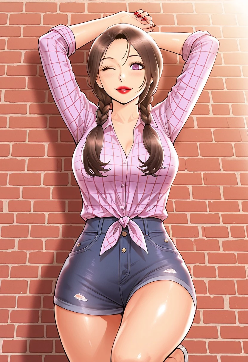 original character, masterpiece, best quality, realistic, perfect balance between light and shadow, Detailed, 1 woman, long brown hair, braided hair, golden brown eyes, face of pleasure, blushing, open mouth, sharp teeth, fangs, happy, breasts medium sized, looking at viewer, 1 hand, squeezing a breast, lying down, on her back, legs spread raised, crotch exposed, pussy open, female masturbation, hand in pussy, fingers inserted in pussy, pussy play, inviting viewer, dripping, red miniskirt, white panties on the floor, condom belt,