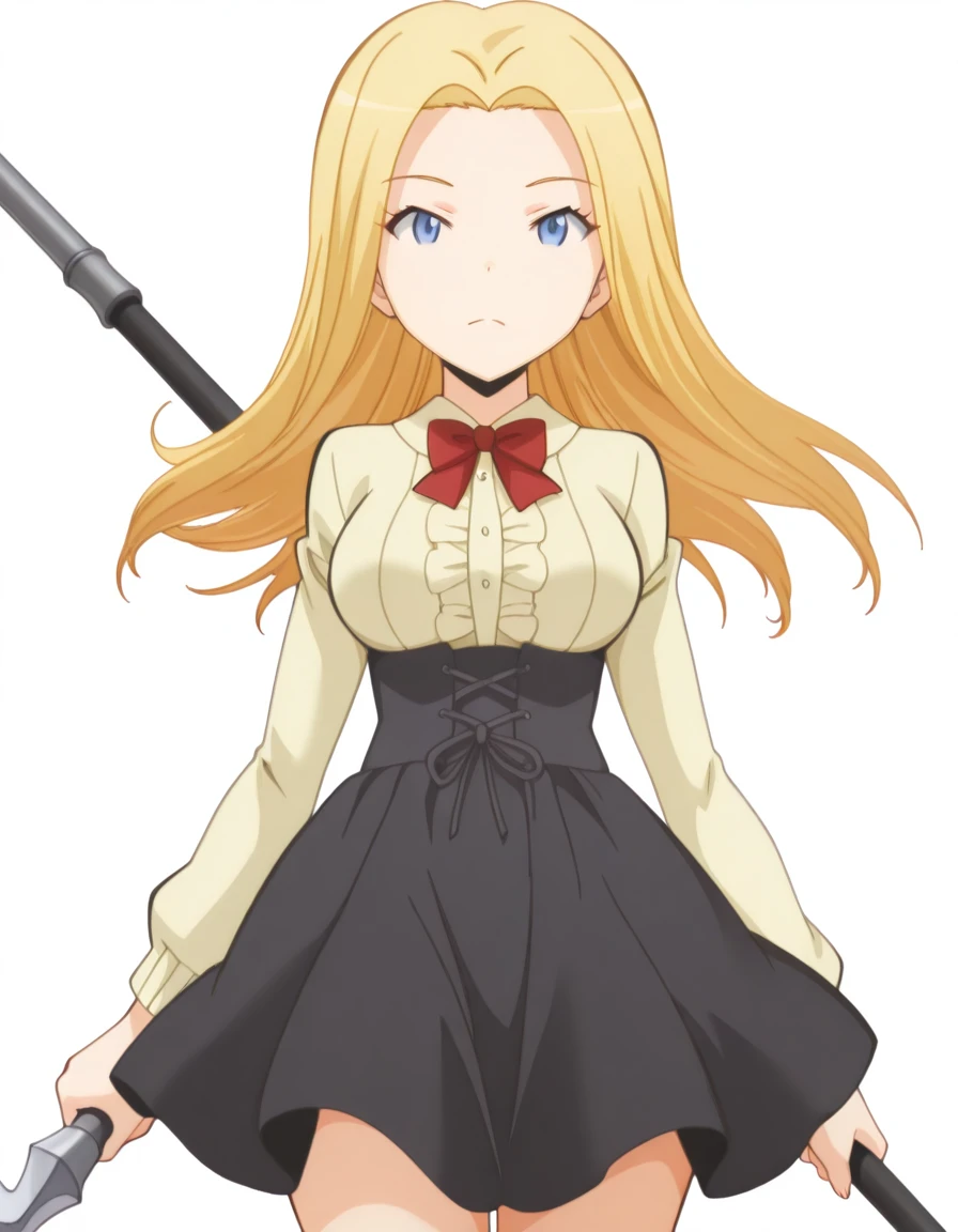 masterpiece, best quality, amazing quality,, <lora:rio-nakamura-s1s2-illustriousxl-lora-nochekaiser:1>, rio nakamura, long hair, blue eyes, blonde hair, mature female, medium breasts, anime screencap,, <lora:virgin-killer-outfit-illustriousxl-lora-nochekaiser:1>, virgin killer outfit, meme attire, high-waist skirt, center frills, frilled shirt, underbust, aran sweater, frilled shirt collar, red bowtie, frills, skirt,, <lora:dynamic-pose-illustriousxl-lora-nochekaiser:1>, dynamic pose, holding weapon, weapon, polearm, holding polearm, holding, cowboy shot, , <lora:transparent-background-illustriousxl-lora-nochekaiser:1>, transparent background, simple background, white background