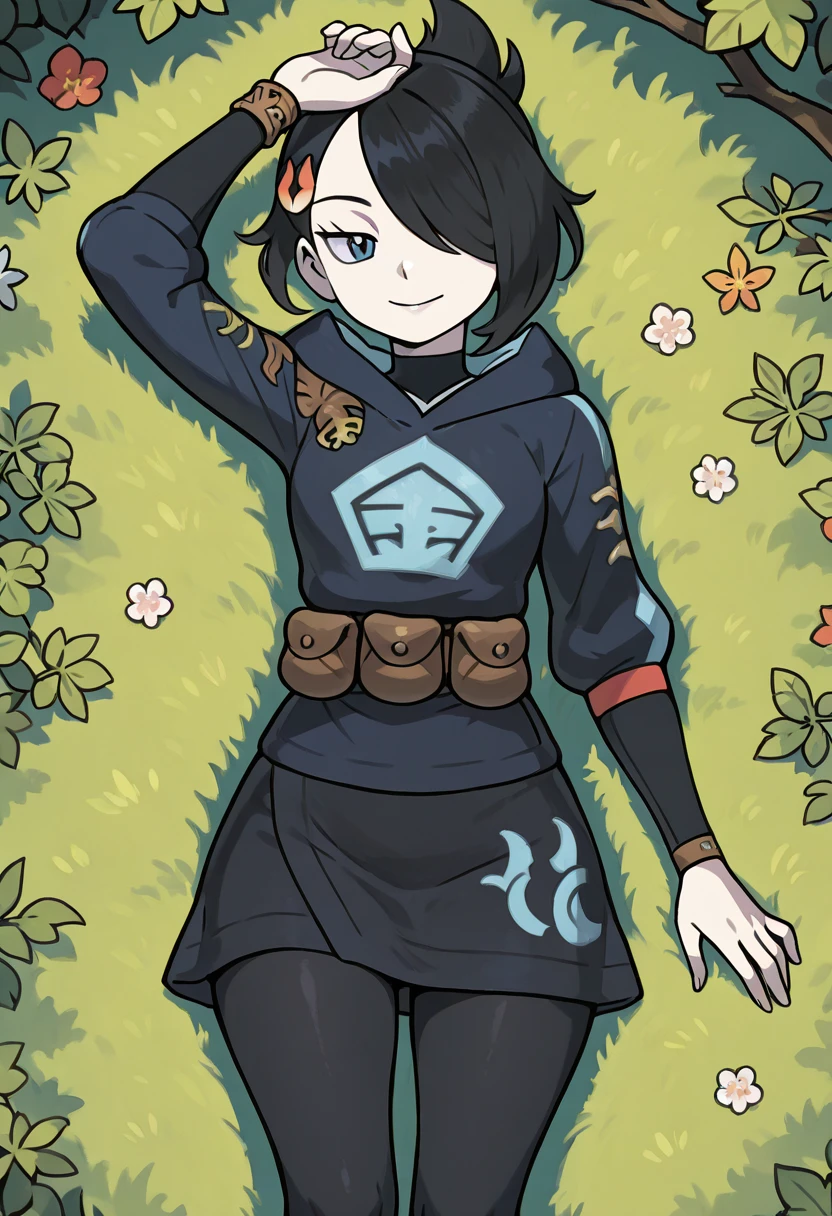masterpiece, best quality, solo, curvy, beautiful eyes, narrow waist, wide hips, 1girl, solo, smile, looking at viewer, zzMai, blue eyes, hair over one eye, black hair, hair ornament, hairclip, short hair, black skirt, brown bag, diamond clan outfit, hood, hood down, jacket, pantyhose, pouch, print pantyhose, skirt, long sleeves, <lora:MaiPokemon_IXL_v4:1.0>, laying on side, one arm supporting head, relaxed, looking at viewer,