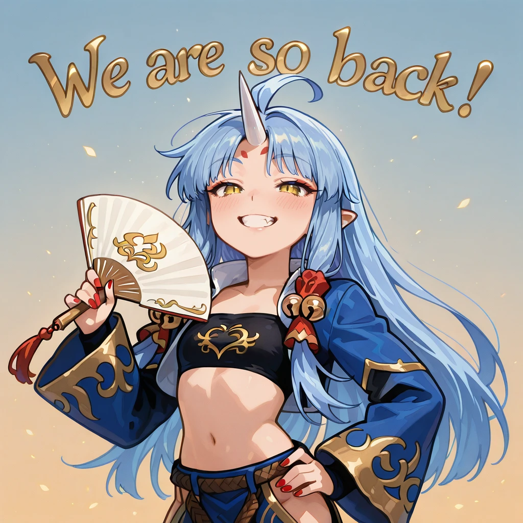 HDA_MasterpieceXLclassic, <lora:Suzuka_Hime_-_Super_Robot_Taisen_OG_Endless_Frontier:1> suzukahimeIL, 1girl, blue hair, long hair, single horn, pointy ears, forehead marks, yellow eyes, slit eyes, tube top with a golden heart Design, hair ornaments, ahoge, hip vent, blue jacket, red nails, jingle bell, blush, mischievous smile, grin, fang, horn,  <lora:We4reSoB4ck_IXL:1> We4reSoB4ck, text, blue gradient background, hand fan, holding fan