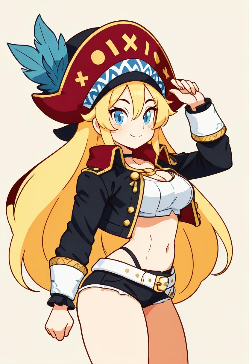 masterpiece, best quality, solo, curvy, beautiful eyes, narrow waist, wide hips, large breasts, 1girl, solo, smile, looking at viewer, zzMayfair, blue eyes, hair between eyes, blonde hair, long hair, pirate hat, choker, white crop top, jacket, navel, short shorts, white belt, multiple belts, knee boots, red boots,  <lora:MayfairPhantomBrave_IXL_v1:1.0>,  , smile, looking at viewer, side view, upper body,  <lora:DiivesIXL:1.0>,