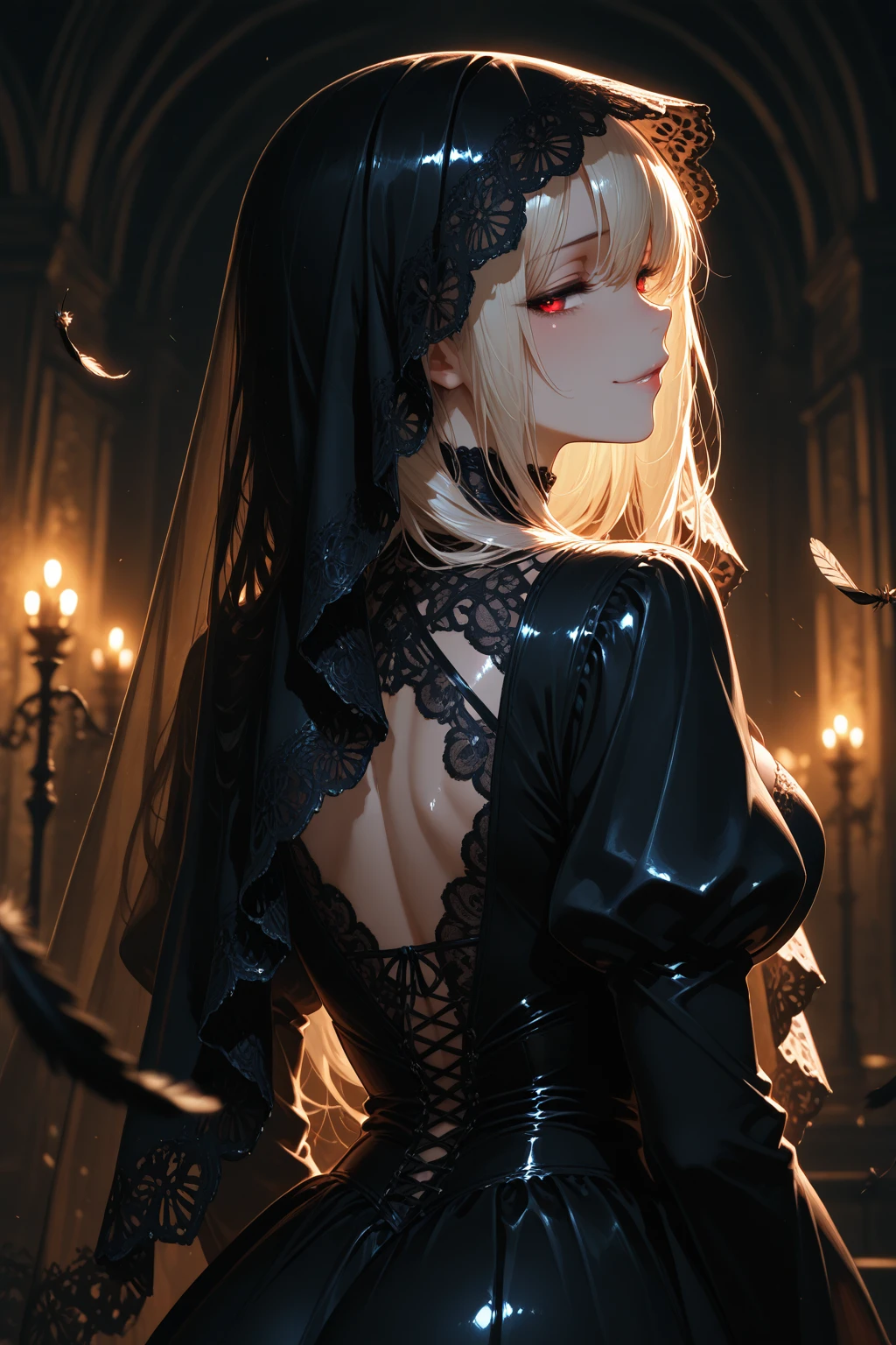 1girl, upper body, (dark theme :1.3) ,dark dress, silhouette ,lace, veil , evil smile , seductive smile, crow, Black feathers, (cinematic lighting, feathers :1.3) , looking back, Caucasian, (shiny outline, depth of field , blurry background , blurry foreground :1.3), (masterpiece, best quality, amazing quality, detailed background, intricate details,intricate,absurdres, extremely aesthetic,newest:1.2)