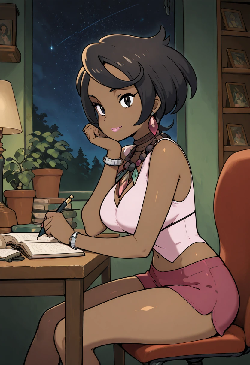 masterpiece, best quality, solo, curvy, beautiful eyes, narrow waist, wide hips, 1girl, solo, smile, looking at viewer, zzOlivia, black eyes, short hair, dark skin, black hair, earrings, pink lips, large breasts, cleavage, necklace, pink shirt, pink short shorts, , <lora:OliviaPokemon_IXL_v3:1.0>, , zzLofi, sitting, side view, desk, chair, book, bookshelf, head rest, holding, holding pen, lamp, night, open book, pen, plant, potted plant, sky, star (sky), starry sky, window, windowsill, writing, <lora:LofiGirl_Style_IXL:0.8>,