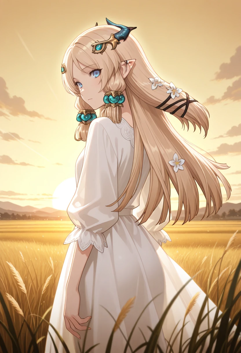 masterpiece, best quality, absurdres, newest, perfect quality, best quality, absolutely eye-catching, detailed background, intricate details, solo,
<lora:ILR4Margaret:1>
R4Margaret, 1girl, pointy ears, long hair, blonde hair, blue eyes, hair ornament, hair flower, looking at viewer, in white attire, standing in tall grass, in a golden sunset sky, cowboy shot, turning around, looking back