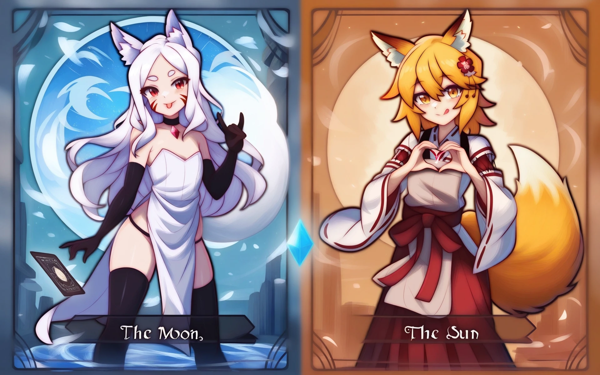 best quality, masterpiece, by rotomdocs, by edwin huang, split view BREAK
Two tarot cards in front of simple background. One is card the sun with Senko \(sewayaki kitsune no senko-san\), second in card the moon with Shiro \(sewayaki kitsune no senko-san\), another is , 2girls, tarot \(medium\), card \(medium\), english text BREAK
senko \(sewayaki kitsune no senko-san\), flat chest, fox ears, fox tail, happy, heart hands, miko, red hakama, the sun \(tarot\), yellow theme
shiro \(sewayaki kitsune no senko-san\), fox girl, fox ears, red eyes, whisker markings, white hair, white strapless dress, collarbone, red scarf, thick eyebrows, choker gem, pelvic curtain, fox shadow puppet, black thighhighs, naughty face, elbow gloves, legs apart, tongue out, happy, the moon \(tarot\), blue theme BREAK
