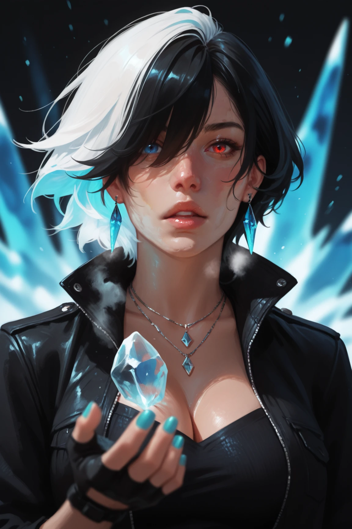 1girl, solo, gloves, heterochromia, multicolored hair, fingerless gloves, black hair, white hair, jewelry, earrings, jacket, two-tone hair, short hair, red eyes, black gloves, black jacket, blue eyes, blue nails, looking at viewer, parted lips, upper body, breasts, nail polish, necklace, medium breasts, lips, aqua nails, hair over one eye, hyur, streaked hair, ice magic, breath, <lora:Detailer_NoobAI_Incrs_v1:0.75>, masterwork, masterpiece, best quality, detailed, depth of field, realistic, ultra-HD, (impressionism:1.5), high detail, best quality, very aesthetic, 8k, , , , photorealistic, , , (cheekbones:0.75), adult, aged up, dynamic pose, depth of field, dynamic angle