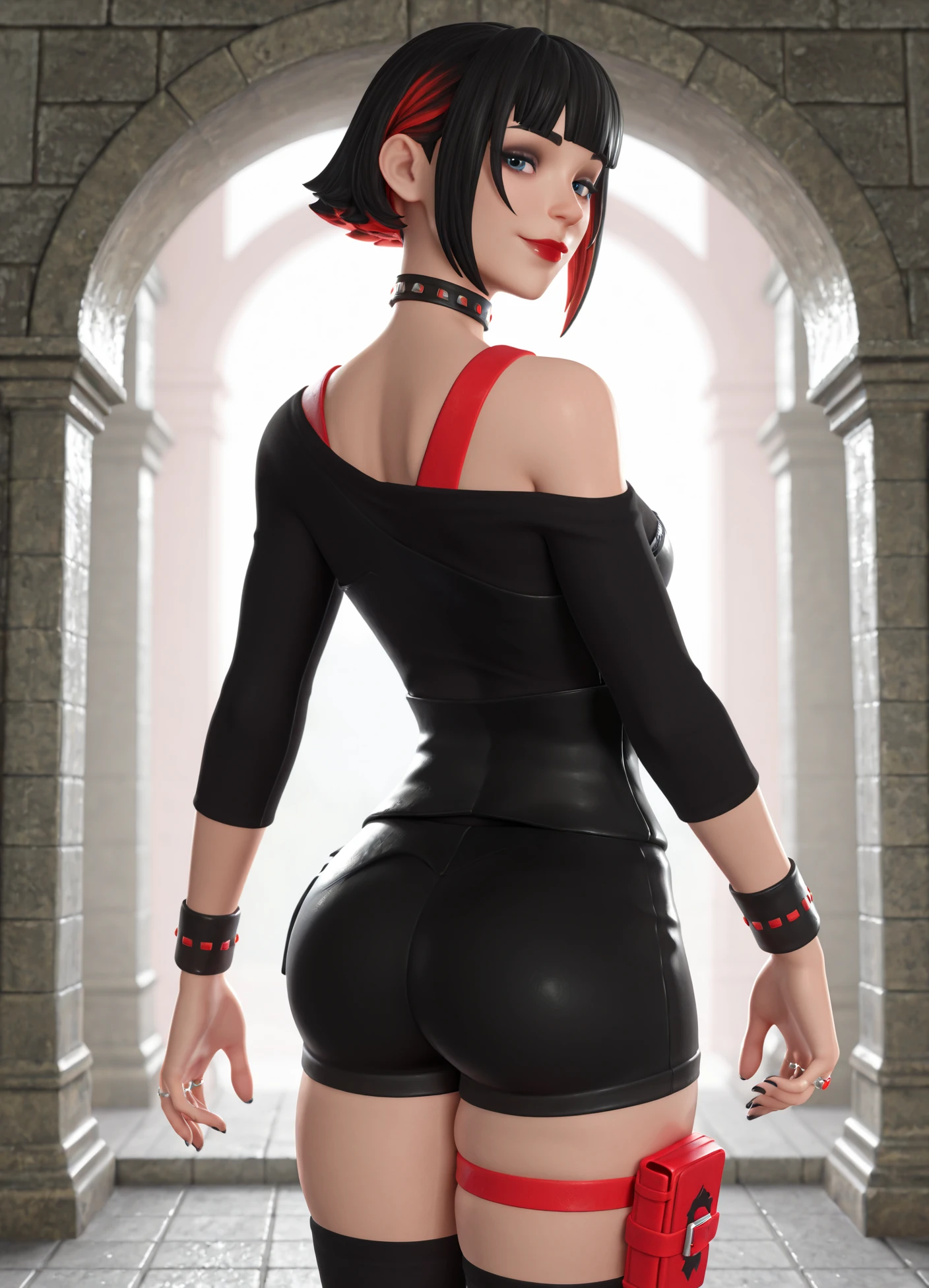 intricate details, looking at viewer, hyperdetailed skin texture, specular highlights, perfect lighting, subsurface scattering, masterpiece, best quality, amazing quality, 4k, very aesthetic, high resolution, ultra-detailed, absurdres, newest, scenery, 3d, rendered, realistic, pixar,
1girl, (cellulite:0.8), skindentation, black eye shadow,
1girl, solo, black hair, jewelry, multicolored hair, short hair, ring, two-tone hair, black nails, choker, looking at viewer, bangs, nail polish, red hair, off shoulder, makeup, blue eyes, upper body, bracelet, blunt bangs, wristband, lips, long sleeves, streaked hair, off-shoulder shirt, shirt, lipstick, smile, subtle rim lighting, well-lit with an ethereal glow, boots, thighhighs, thigh strap, makeup, skirt, asymmetrical legwear, nail polish, standing, thick thighs, back view,
<lora:MorganMyst:1>