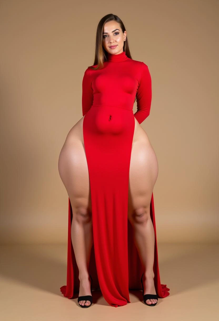a photo of a woman , wearing a slit at the legs at both sides, turtleneck red dress, hourglass figure, slim upper body, flat chest, wide large hips, muscular legs, blonde hair, beautiful caucasian woman