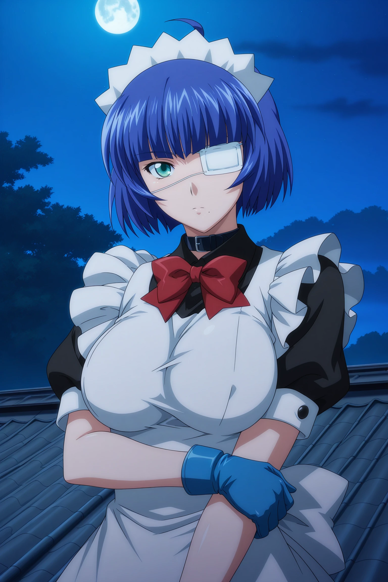 masterpiece, best quality, amazing quality, highres, absurdres, very aesthetic, high resolution, ultra detailed, perfect details, 1girl, solo, outdoors, east asian architecture, (Standing on roof:1.5), night, moon, ryomou shimei, short hair, blue hair, ahoge, blunt bangs, green eyes, medical eyepatch, mole under mouth, maid, short sleeves, maid headdress, black collar, red bowtie, maid apron, back bow, black dress, blue gloves, white thighhighs, black footwear, boots, <lora:Shimei_Ryomou_ILXL:0.8>, (aged up:1.5), (upper body:1.5), (pose:1.1), looking at the viewer, (anime coloring:1.2), expressionless