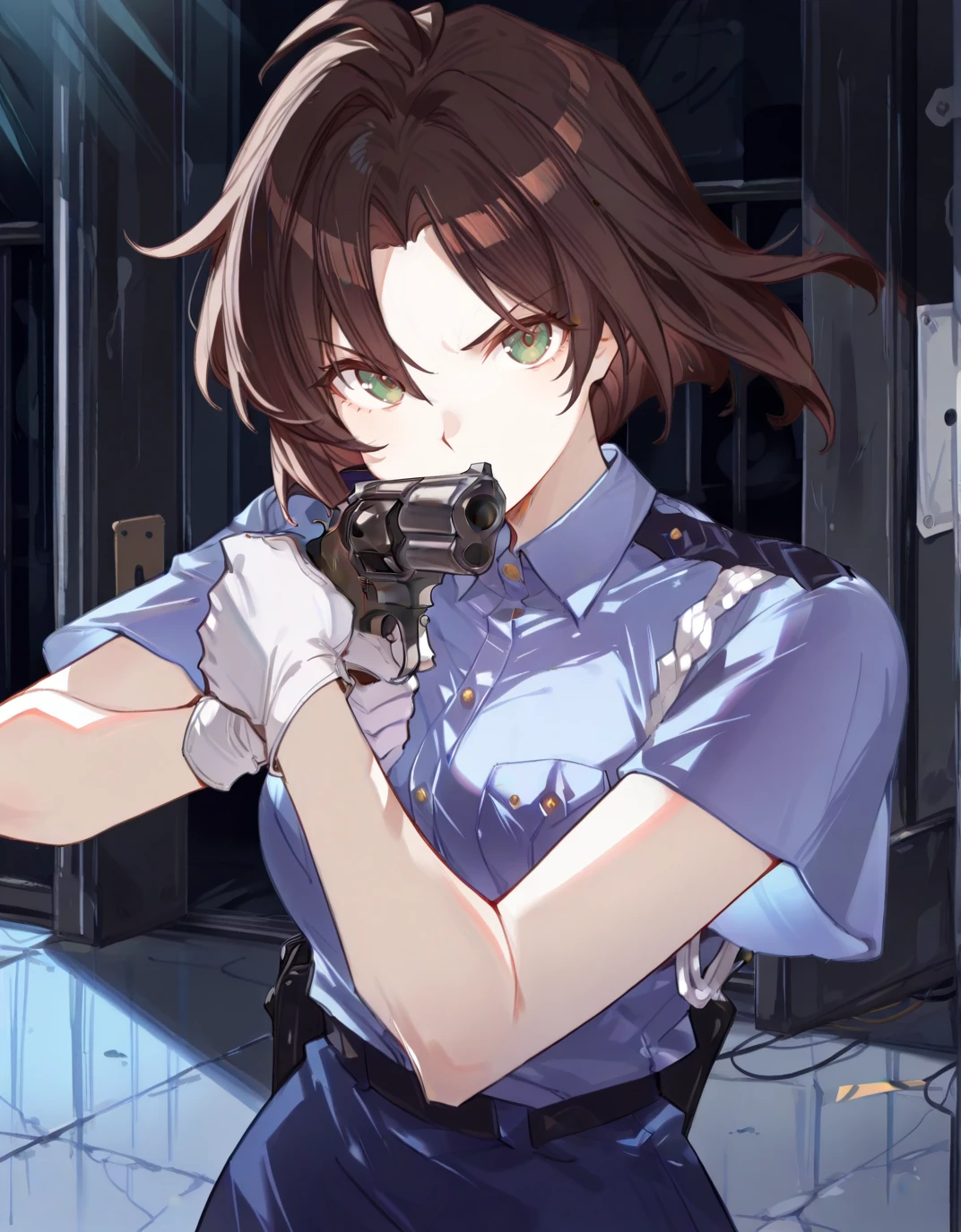 <lora:AENatsumiT:1.2> AENatsumiT, dark green eyes, Brown hair, parted bangs, short hair, Police uniform, blue shirt, breast pocket, short sleeves, White gloves, blue skirt,
solo, black footwear, holding revolver, portrait, aiming, two-handed,
<lora:AERongyiShoushan2:1>, masterpiece, best quality, high quality, highres, 4k, newest, anime,