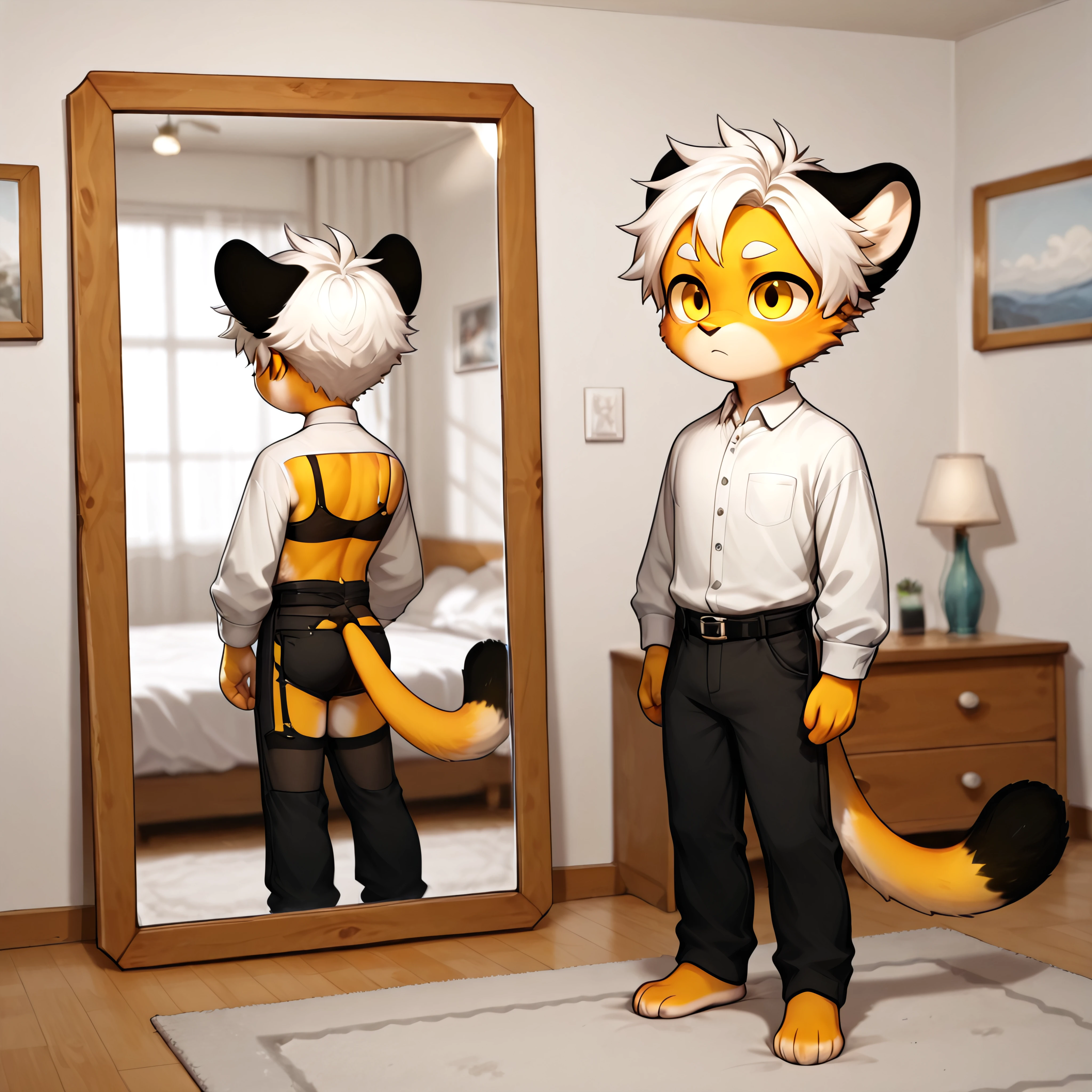 (2024, best quality, masterpiece),  <lora:mikus-il-v2:0.75>  mikus, yellow fur, yellow eyes, black tip tail, black ears, white hair, ## sharp image, ## no humans, character, male focus, ## handsome face:1.5, no humans ## uploaded on e621, (uploaded on e621)  ## detailed face, (detailed face), detailed ears, detailed clothing, detailed body, (detailed body), detailed hair, detailed background ## indoors, ## <lora:Business_in_the_Front_Party_in_the_Back_Illustrious:1>  mikus-concept, standing, mirror, front and back, front, back, white shirt, black pants, , , , , , , ,