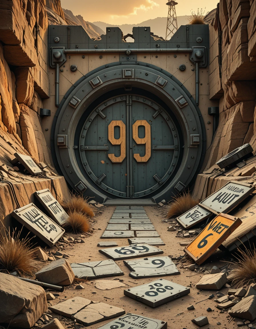 (masterpiece, best quality, photorealistic, cinematic lighting, retrofuturistic post-apocalyptic setting), exterior view of Vault 69, a massive gear-shaped steel door embedded into a rugged canyon wall, the number "69" faded and scratched on its surface, surrounded by broken rock and dead vegetation, cracked concrete and rusted scaffolding scattered with old-world debris, remnants of ruined equipmentâburnt-out terminals, tangled wires, broken warning lightsâsurround the entrance, a toppled Vault-Tec sign lies half-buried in dust, the vault door is slightly ajar, revealing deep darkness inside, the sky is hazy orange with distant ash clouds, long shadows stretch across the desolate terrain, eerie silence, no human presence, inspired by Fallout universe, ultra-detailed, atmospheric storytelling,exterior view of V4ult 69, <lora:exterior_view_of_V4ult_69-i:1>, Masterpiece,best quality,hi res,8k,hi res,8k,award winning,(sharp focus, intricate, highly detailed),