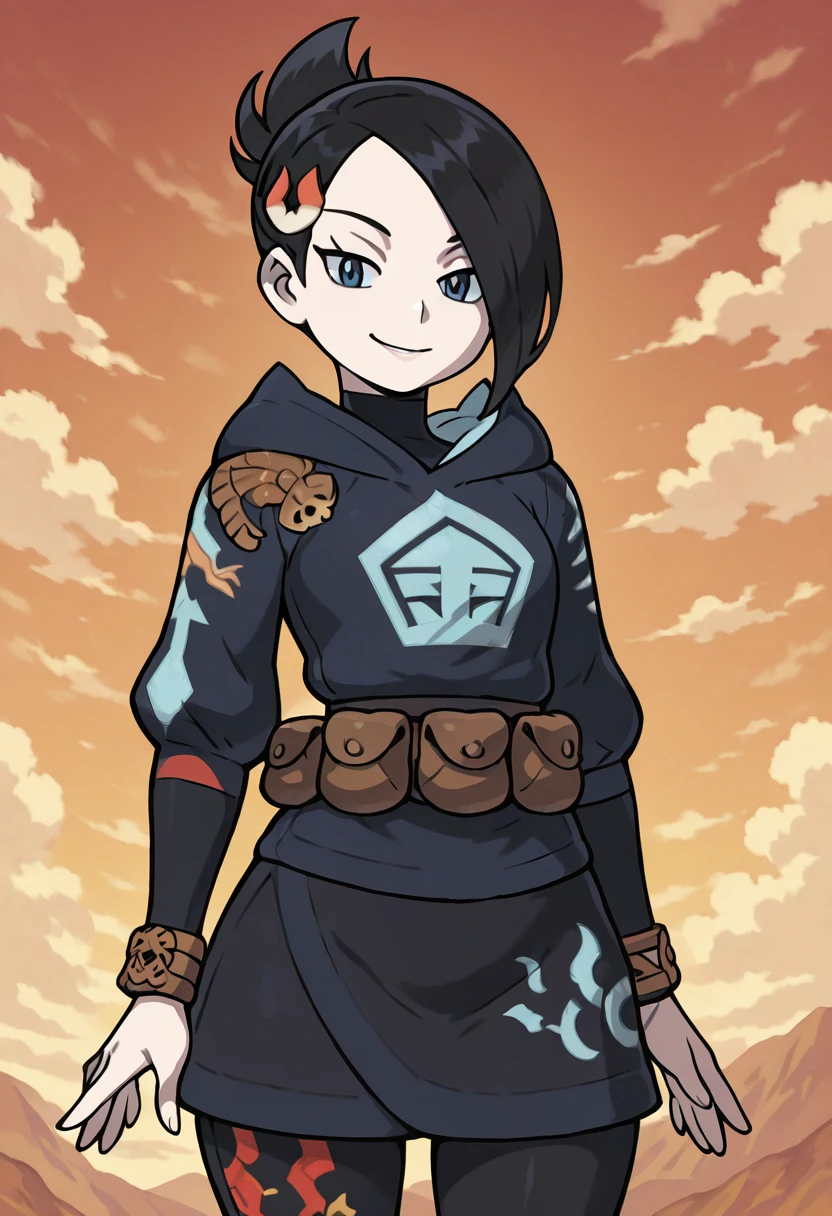 masterpiece, best quality, solo, curvy, beautiful eyes, narrow waist, wide hips, 1girl, solo, smile, looking at viewer, zzMai, blue eyes, hair over one eye, black hair, hair ornament, hairclip, short hair, black skirt, brown bag, diamond clan outfit, hood, hood down, jacket, pantyhose, pouch, print pantyhose, skirt, long sleeves, <lora:MaiPokemon_IXL_v4:1.0>, , smile, looking at viewer, cowboy shot, <lora:CitronKuroStyle_IXL:0.8>,
