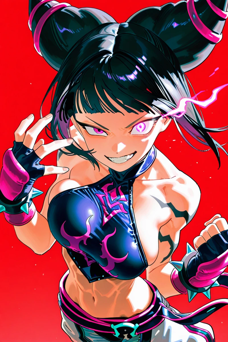 masterpiece, best quality, amazing quality,
<lora:Hoshino-akarii_IL:1> hshnakrst, 1girl, solo, hair horns, red background, gloves, fingerless gloves, bracelet, jewelry, glowing, spiked bracelet, purple eyes, spikes, navel, smile, black hair, breasts, simple background, grin, bangs, toned, glowing eye, looking at viewer, dudou, teeth, halterneck, from above, juri han