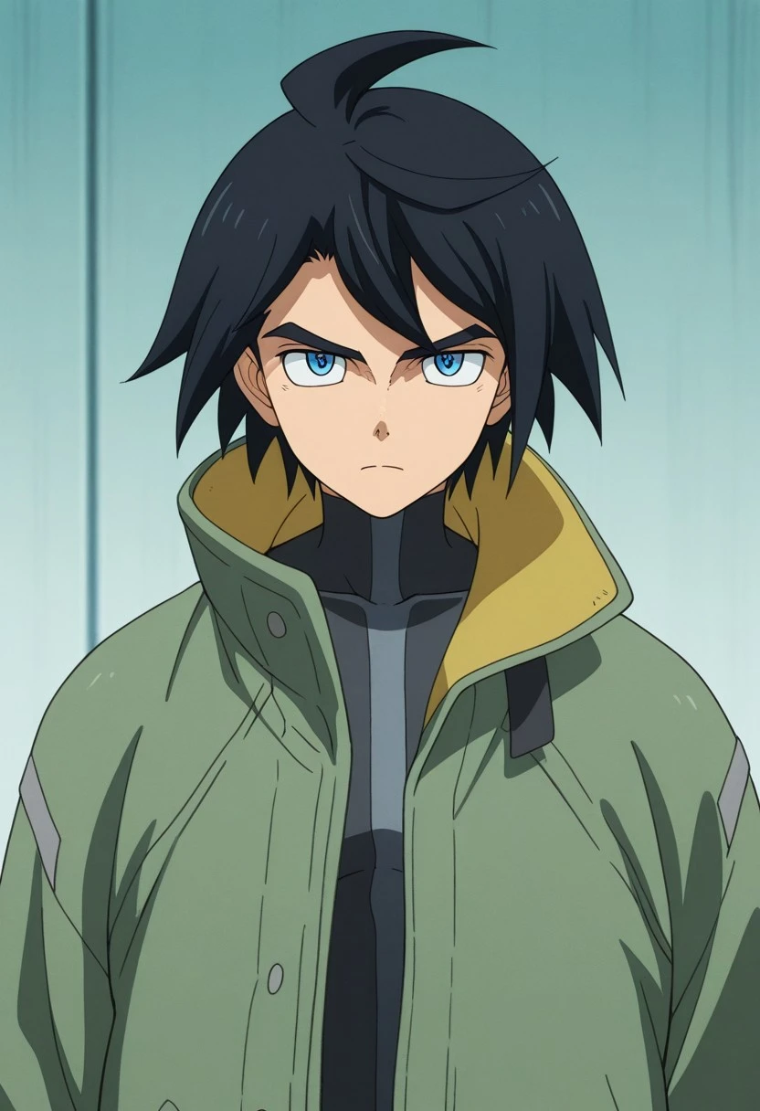 masterpiece,best quality,amazing quality, source_anime,
Mikadzukiogasu, 1boy, male focus, solo, blue eyes, black hair, , turtleneck, jacket, green jacket, high collar, serious,