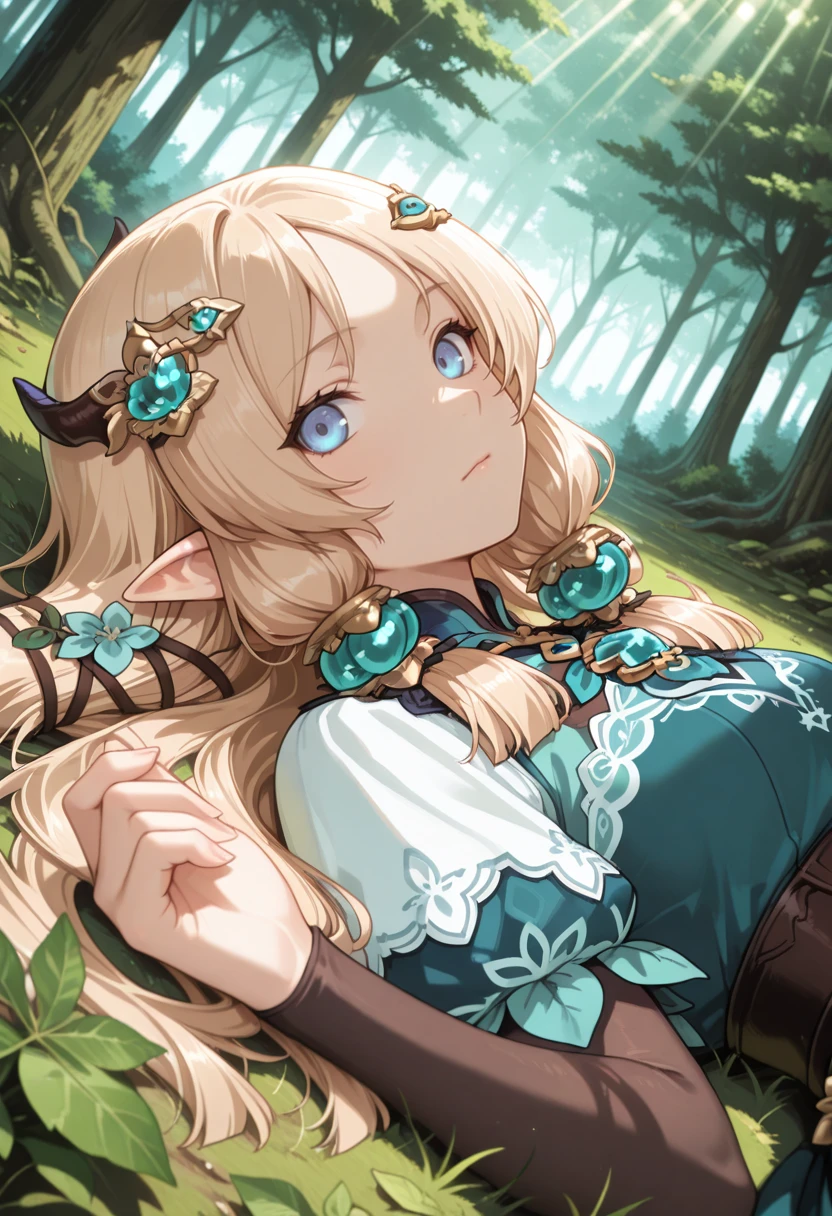 masterpiece, best quality, absurdres, newest, perfect quality, best quality, absolutely eye-catching, detailed background, intricate details, solo,
<lora:ILR4Margaret:1>
R4Margaret, 1girl, pointy ears, long hair, blonde hair, blue eyes, hair ornament, hair flower, looking at viewer, laying on back, on top of green leaves, dynamic pose, dynamic shadows, sun rays, forest