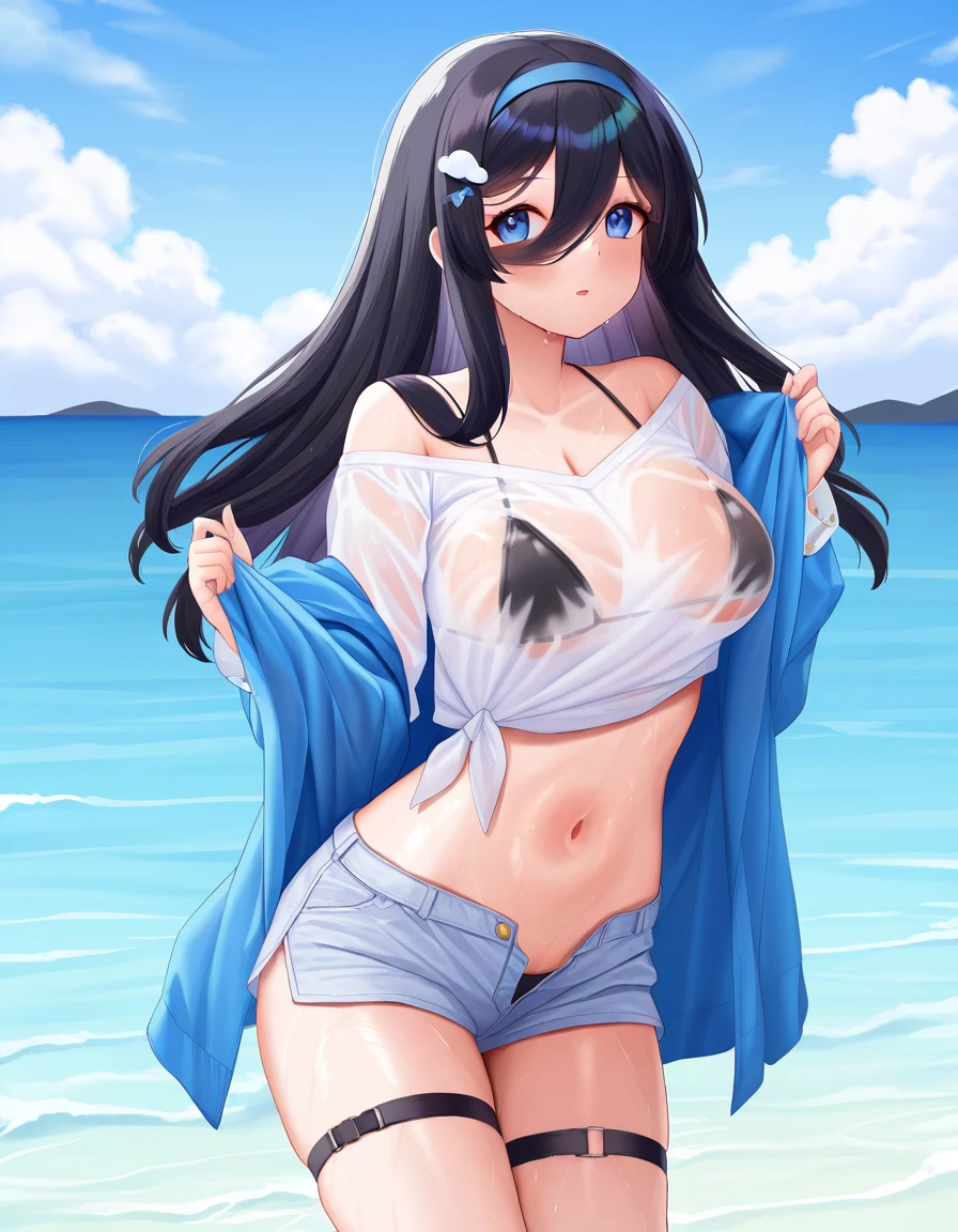 Highest quality、masterpiece、beautiful、detailed、Year: 12、Black hair twin-tailed female elementary school student、beach、Pouring sunlight、Dynamic pose、Spraying water with a water gun、Angle from below、smile、Slim figure、(Wet and see-through clothing:1.2)、covered erectile nipples、camisole、Striped underwear、(cameltoe:0.8)