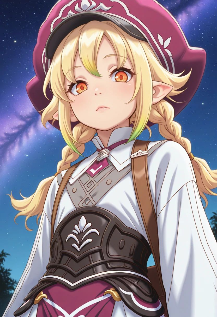 masterpiece, very aesthetic, best quality, absurdres, newest, solo,
<lora:ILR5Livia:1>
R5Livia, 1girl, blonde hair, twin braids, pointy ears, multicolored hair, orange eyes, hat, looking at viewer, from below, star (sky), starry sky, looking down, outdoors