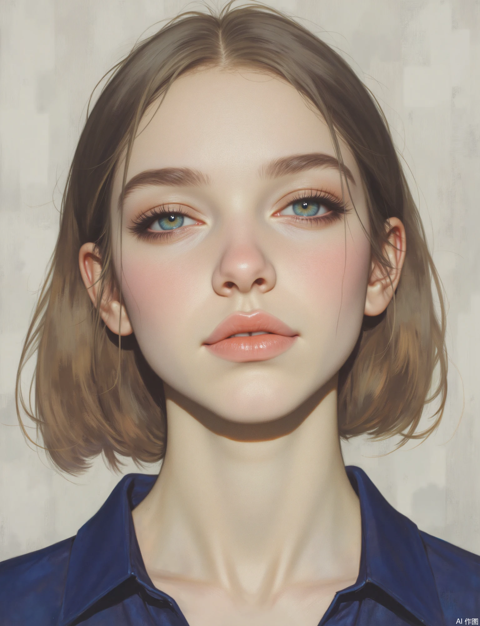 OBxiaoxiang,
A facial close-up of a young woman with striking, clear eyes and a calm, confident demeanor. The rendering imparts a smooth, refined texture to her skin, contrasting with the subtly textured pale gray background that might resemble fine-grained stone. Crisp, clean lighting accentuates her features. Her attire, perhaps a deep jewel tone, contrasts beautifully with the pale gray. Emphasized, captivating catchlights, the soft sheen of her hair, and the delicate fabric weave of her blouse are crucial against the pale gray textured backdrop.