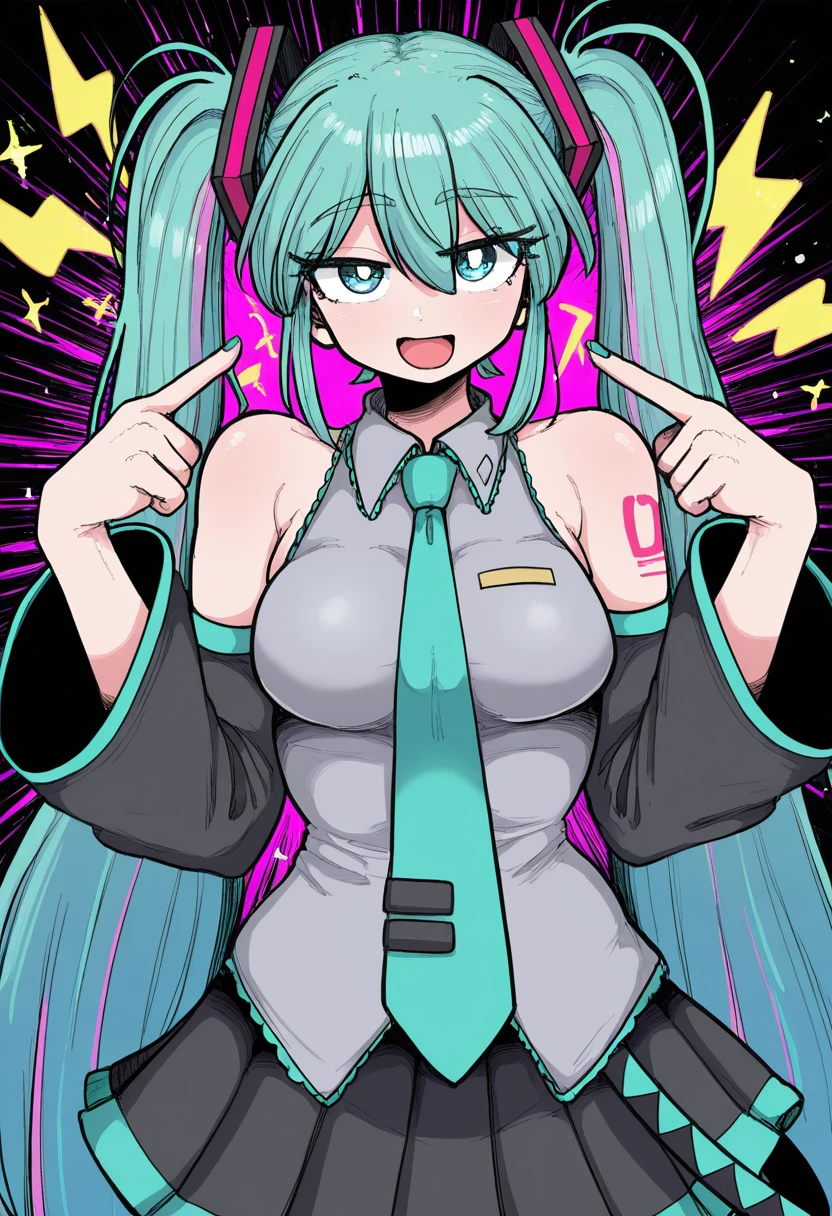 <lora:MCNsGeromazuunkoman02:1> MCNsc4kemq3,hatsune miku,  aqua eyes, aqua hair, aqua necktie, bare shoulders, black skirt, black sleeves, large breasts, bright pupils, collared shirt, eyelashes, grey shirt, hair between eyes, halftone, black background, lightning bolt symbol, long hair, looking at viewer, miniskirt, multicolored hair, narrow waist, necktie, neon palette, number tattoo, open mouth, pink hair, pleated skirt, shirt, shoulder tattoo, sidelocks, skirt, sleeveless, sleeveless shirt, smile, solo, sparkle, tattoo, twintails, two-tone hair, very long hair, white pupils, wide sleeves