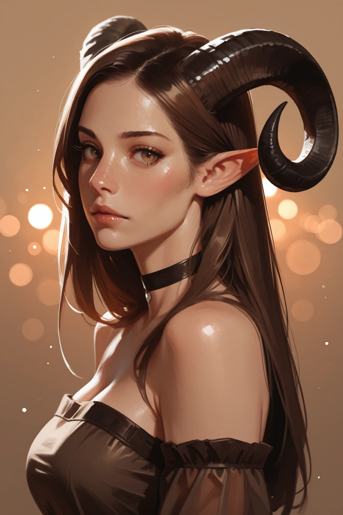 1girl, horns, solo, long hair, pointy ears, looking at viewer, brown hair, bare shoulders, , upper body, sheep horns, , light brown eyes, dress, choker, curled horns, straight hair, breasts,, detached sleeves, , brown dress, nose, from side, , , brown hair, , eyelashes, , see-through, hazel eyes, looking to the side, strapless dress, demon girl, light particles, brown background, bangs, , backlighting, gradient background, bokeh,, <lora:Detailer_NoobAI_Incrs_v1:0.75>, masterwork, masterpiece, best quality, detailed, depth of field, realistic, ultra-HD, (impressionism:1.5), high detail, best quality, very aesthetic, 8k, , , , photorealistic, , , (cheekbones:0.75), adult, aged up, dynamic pose, depth of field, dynamic angle