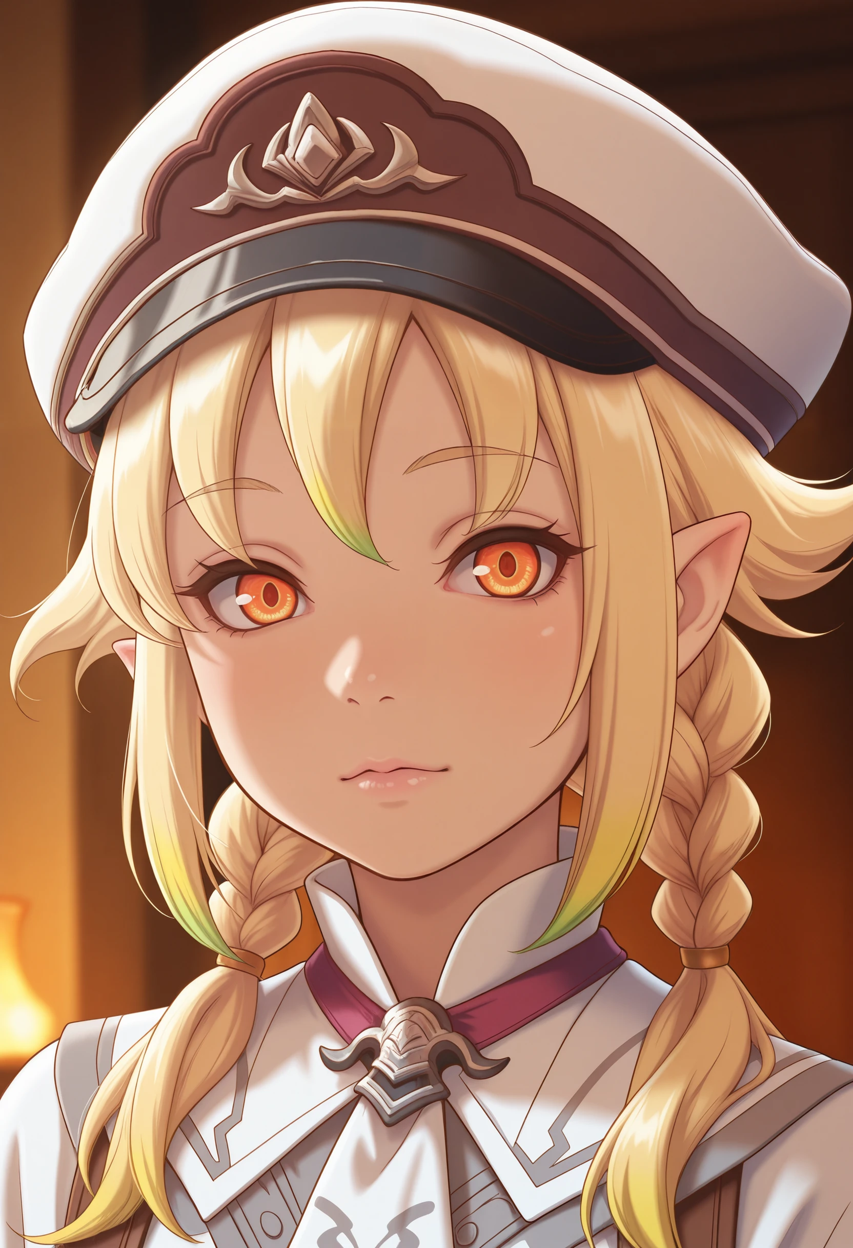 masterpiece, very aesthetic, best quality, absurdres, newest, solo,
<lora:ILR5Livia:1>
R5Livia, 1girl, blonde hair, twin braids, pointy ears, multicolored hair, orange eyes, hat, looking at viewer, portrait