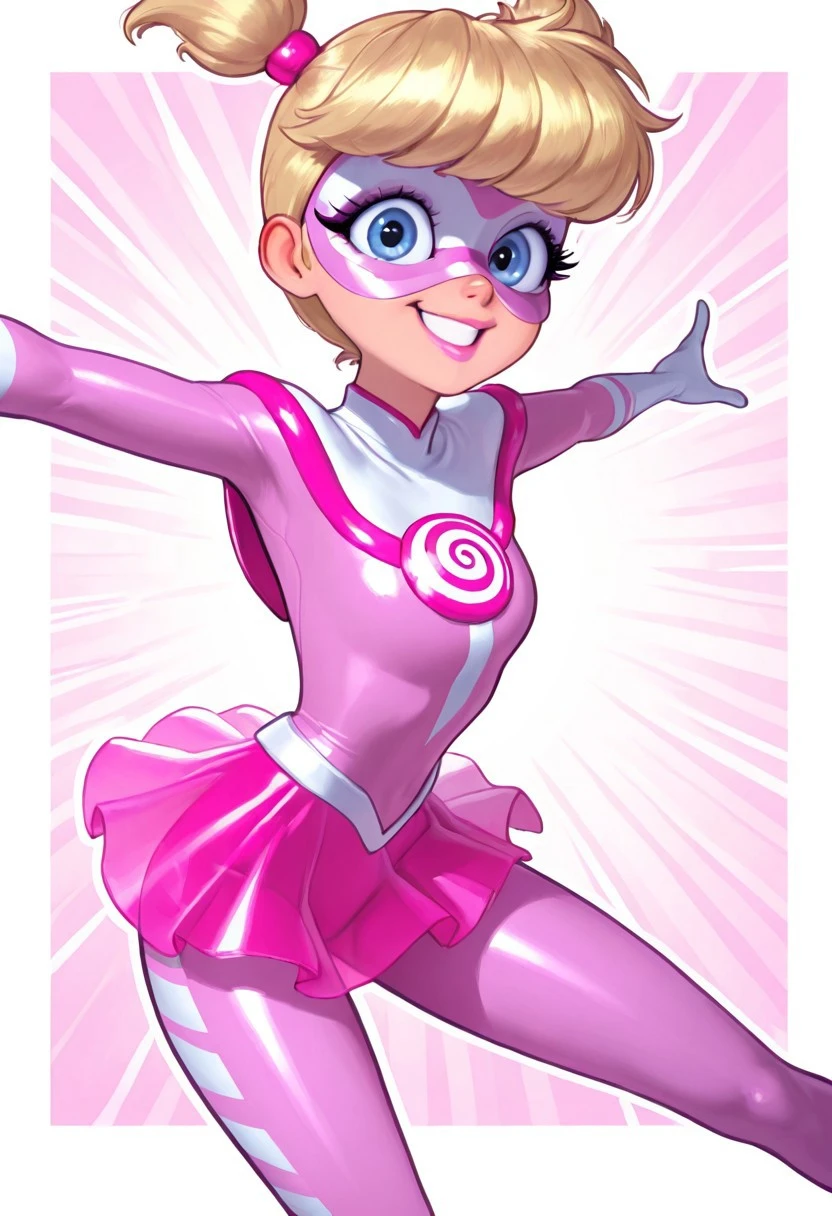 , vivid colors,, masterpiece, best quality, high quality, high resolution, (perfect lips, perfect eyes, perfect body), BREAK, 1girl, solo. (Pigella, blonde hair, blue eyes, twintails, short twintails, bangs, pink lipstick, eyelashes, superhero, mask, domino mask, bodysuit, sparkly pink bodysuit, magenta lines, white-necked upper chest, white stripes, pink skirt, transparent skirt, mini skirt, white stripes, swirly pattern on her chest, skin tight,), kind smile, teeth, looking at view, dynamic poses, BREAK, simple background, colorful background, pink background, white background,