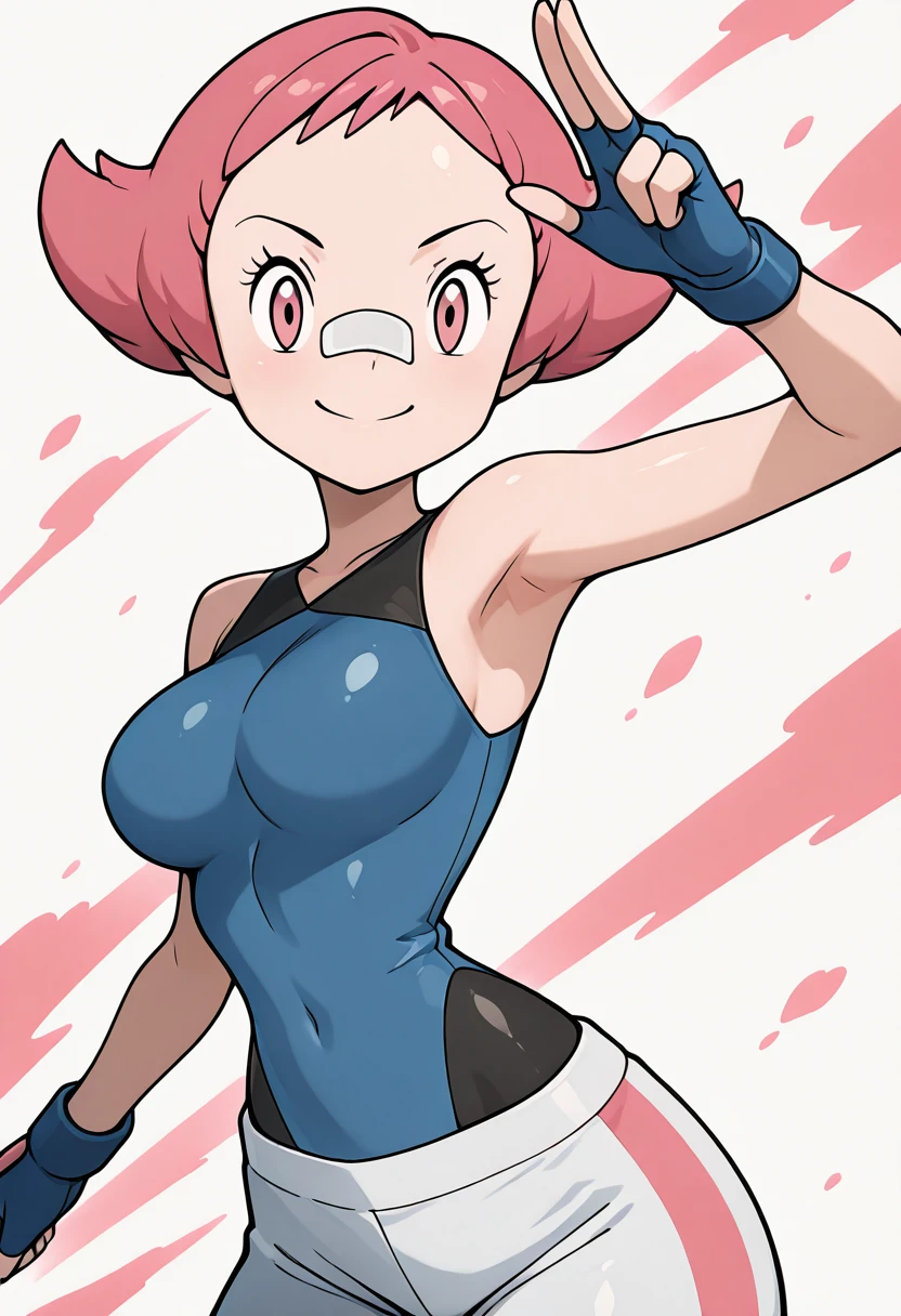 masterpiece, best quality, solo, curvy, beautiful eyes, narrow waist, wide hips, 1girl, solo, smile, looking at viewer, zzMaylene, pink eyes, pink hair, short hair, fingerless gloves, blue shirt, sleeveless shirt, (upper body:1.1), <lora:MaylenePokemon_IXL_v1:1.0>, dynamic pose, smile, looking at viewer, shiny skin,
