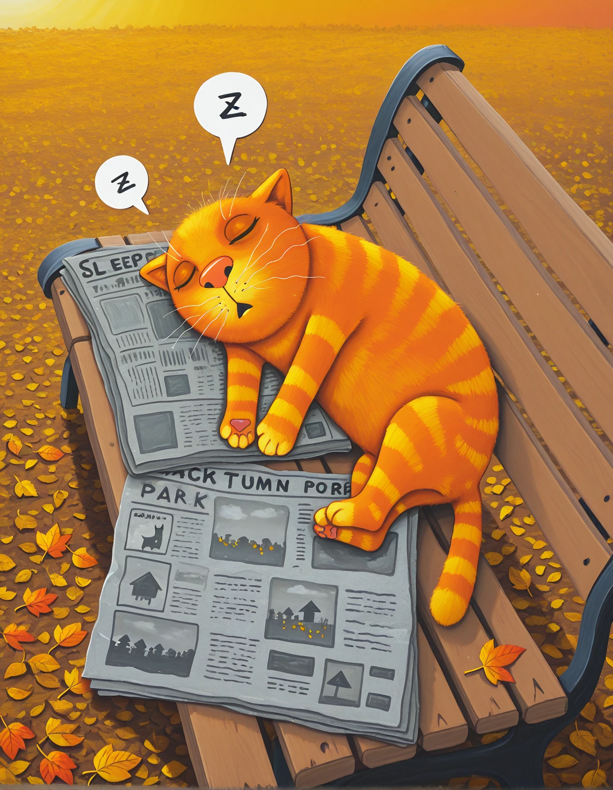 <lora:Lozhkin_style_Illustrious:1.1>, lozhkin, autumn, autumn leaves, no humans,  solo, kitten, sleeping, yellow grass, lying,  on side, striped fur, orange fur, yellow fur, sunlight, triangle mouth, park, on park bench, gradient sky, wind, newspaper, spoken zzz, painting \(medium\),