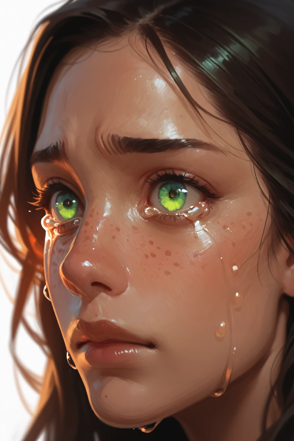 1girl, close-up, tears, glowing, eye focus, freckles, crying, green eyes,, <lora:Detailer_NoobAI_Incrs_v1:0.75>, masterwork, masterpiece, best quality, detailed, depth of field, realistic, ultra-HD, (impressionism:1.5), high detail, best quality, very aesthetic, 8k, , , , photorealistic, , , (cheekbones:0.75), adult, aged up, dynamic pose, depth of field, dynamic angle