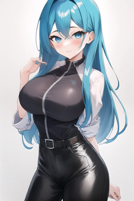 Big breasts, sheer clothes, pale blue hair, smiling face