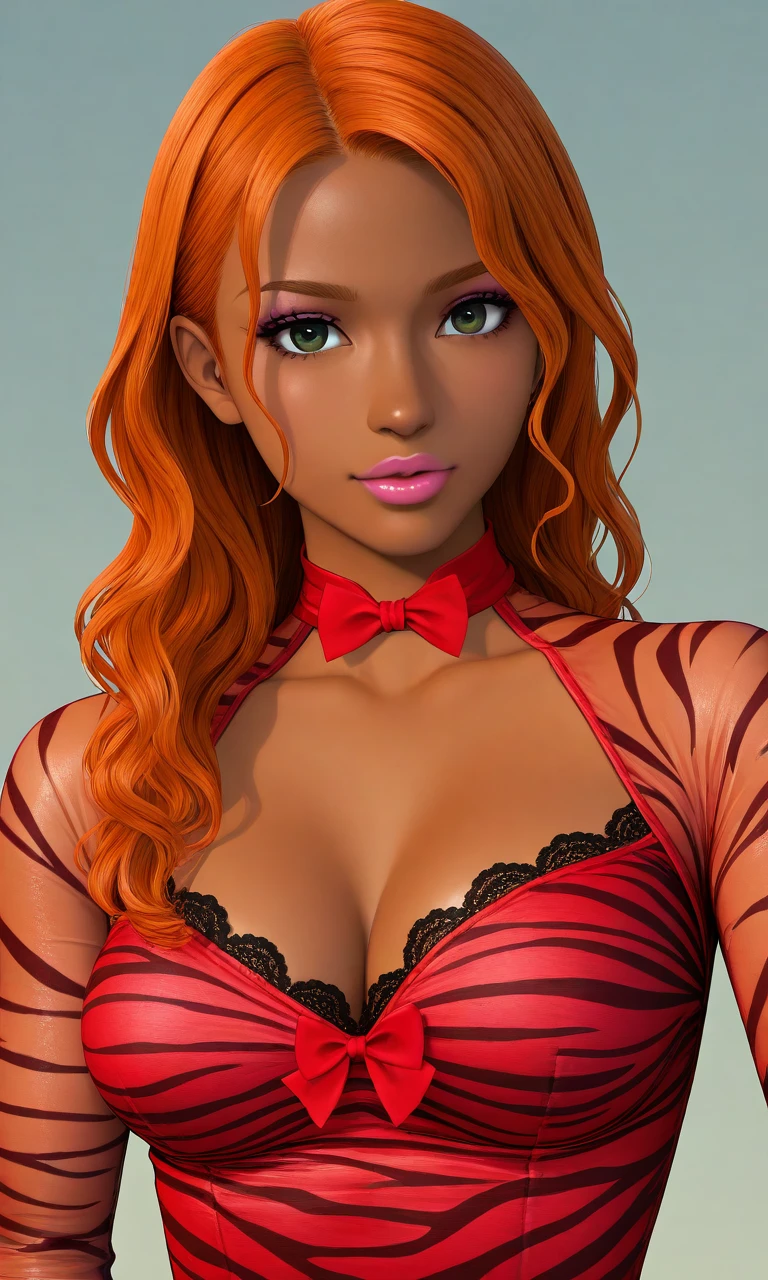solo,bodysuit,animal print,zebra print,lace,red bow,cleavage,long sleeves,see-through,1woman,long hair,wavy hair,orange hair,dark-skinned female,green eyes,pink lips,makeup,red bodysuit,red zebra print